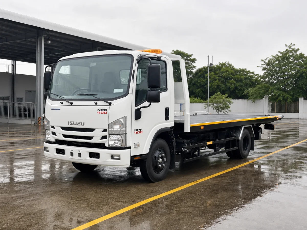 Xe cứu hộ Isuzu NPR400 sàn trượt ở trạng thái vận chuyển