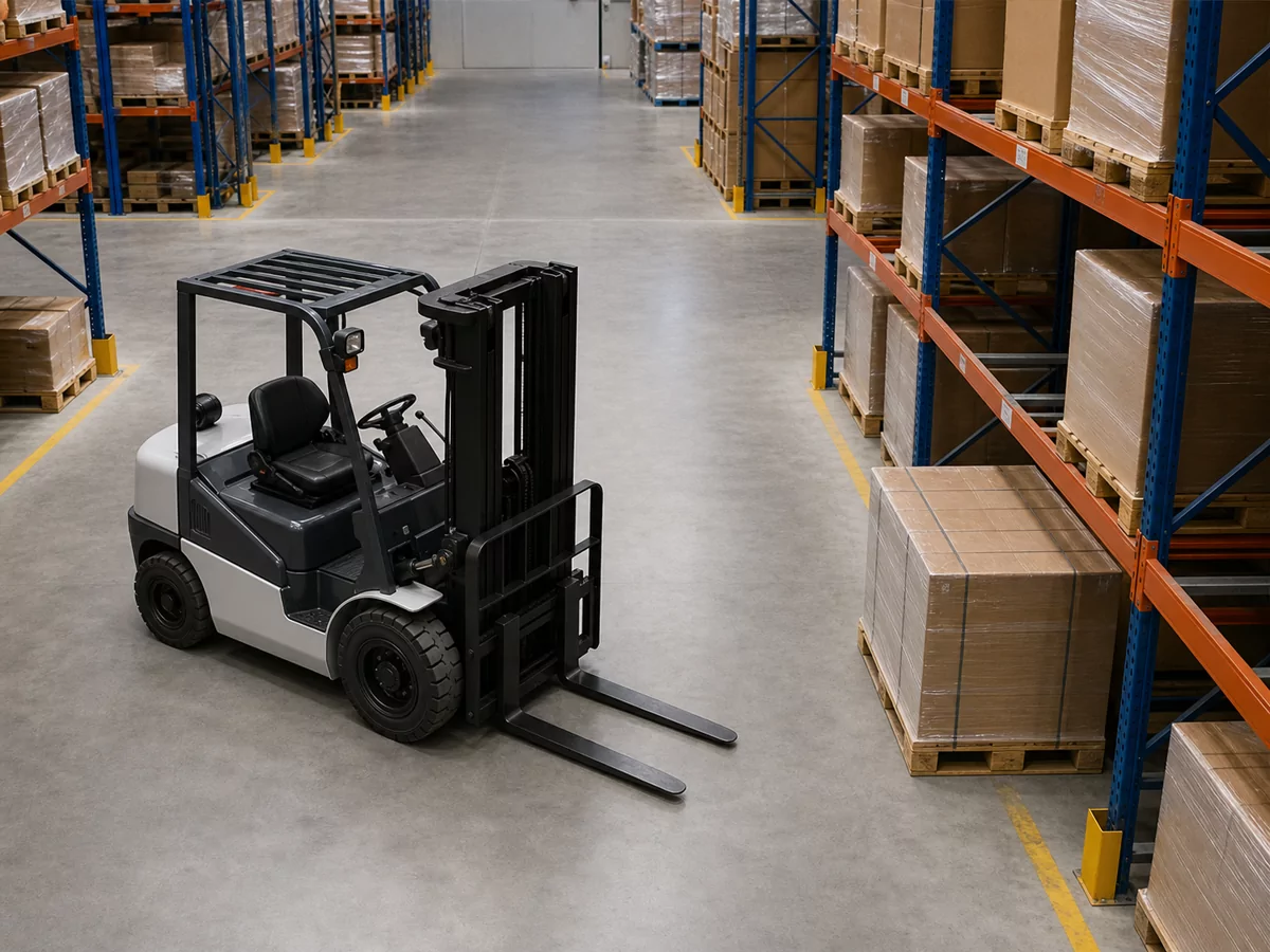Xe nâng forklift trong lối đi kho hàng