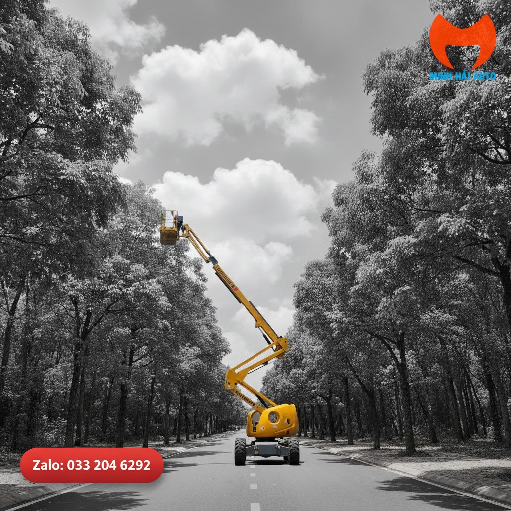 Boom lift cần gập tiếp cận tán cây từ mặt đường