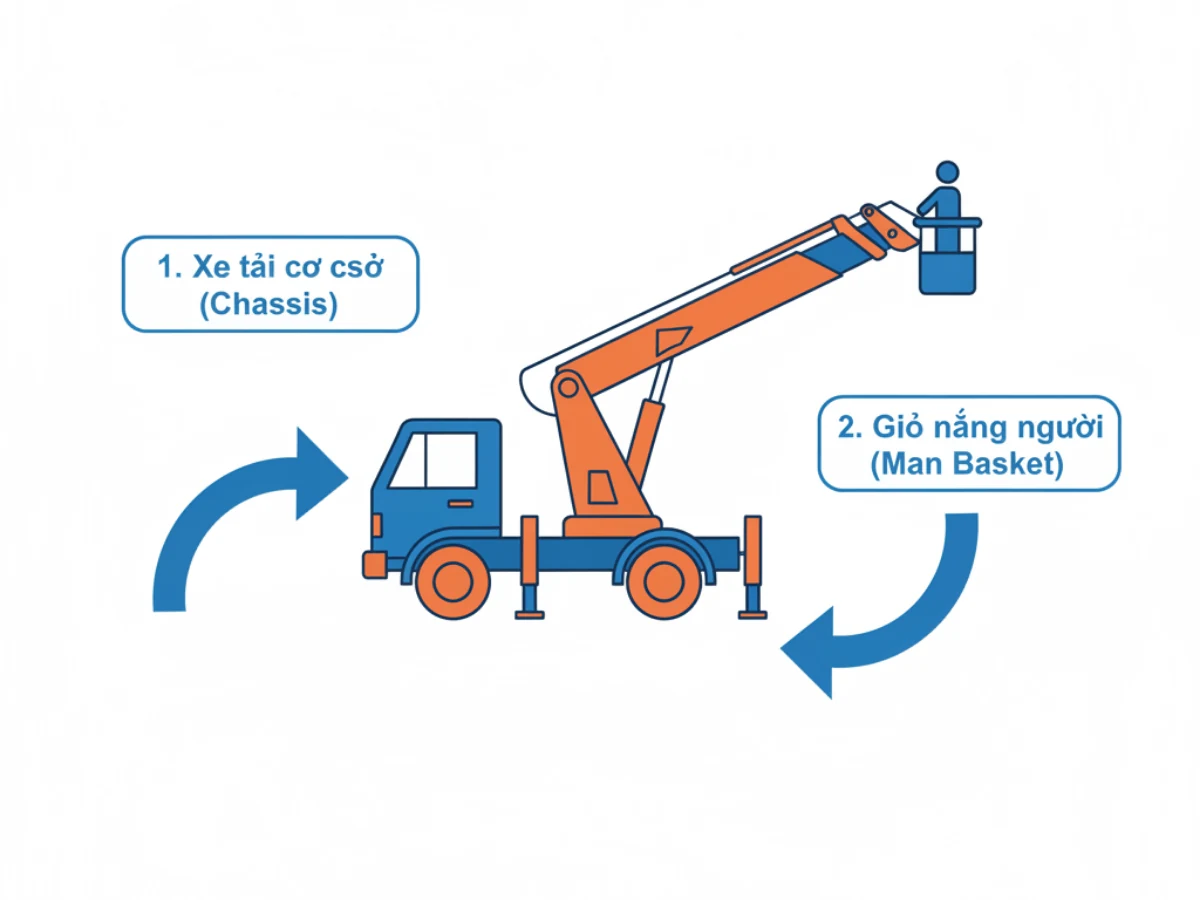 Xe tải cẩu nâng giỏ người lên vị trí làm việc trên cao