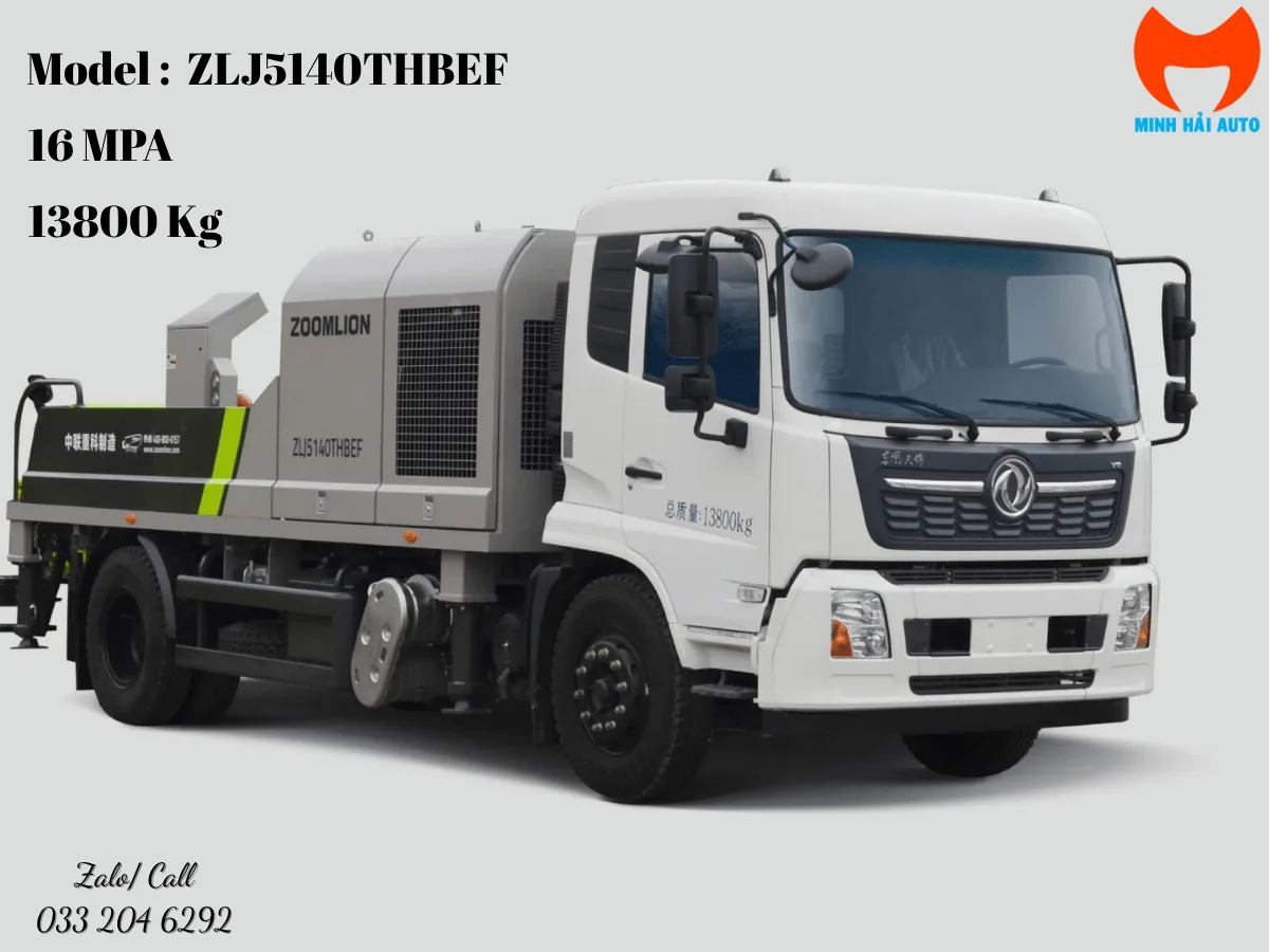 Cấu hình xe bơm bê tông Zoomlion ZLJ5140THBEF 16 MPa và tổng khối lượng 13800 kg