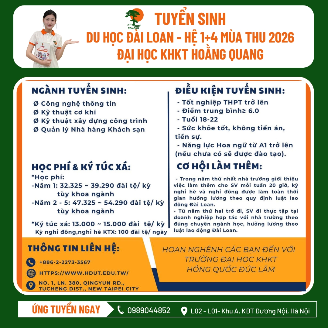DU HỌC ĐÀI LOAN 2026: HỆ 1+4 – CHI PHÍ HỢP LÝ TẠI ĐẠI HỌC KHKT HOẰNG QUANG (HUNGKUANG) CHỈ TỪ 32000 TỆ