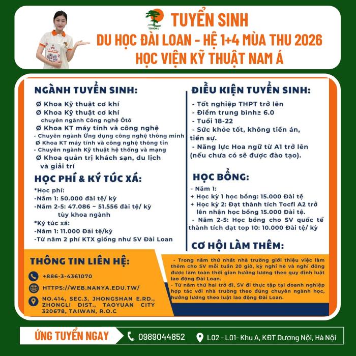 DU HỌC ĐÀI LOAN 2026: HỆ 1+4 – HỌC BỔNG HẤP DẪN TẠI HỌC VIỆN KỸ THUẬT NAM Á (NANYA INSTITUTE OF TECHNOLOGY)
