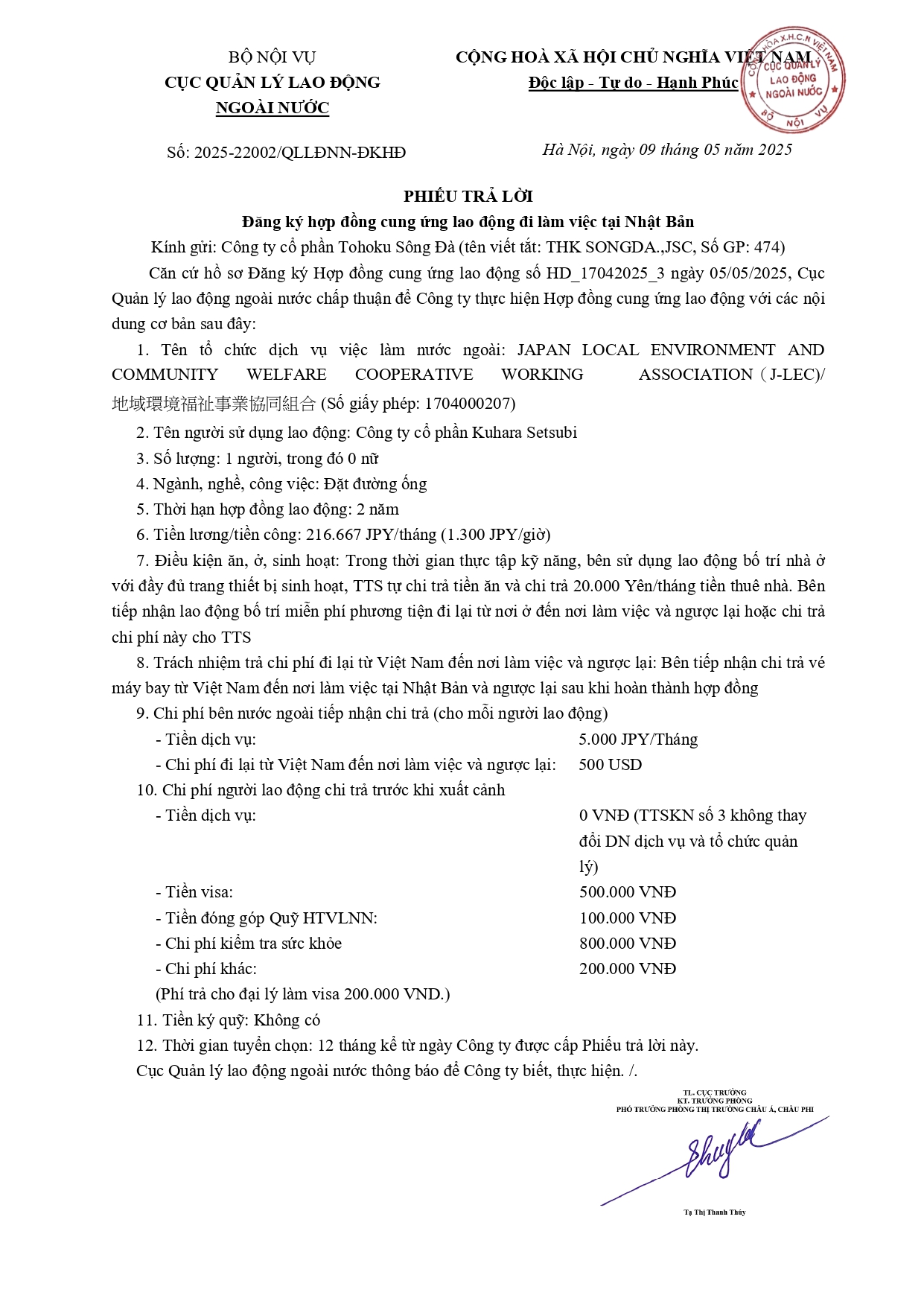 HỢP ĐỒNG ĐƯỢC CỤC QUẢN LÝ LAO ĐỘNG NGOÀI NƯỚC CHẤP THUẬN THÁNG 05/2025