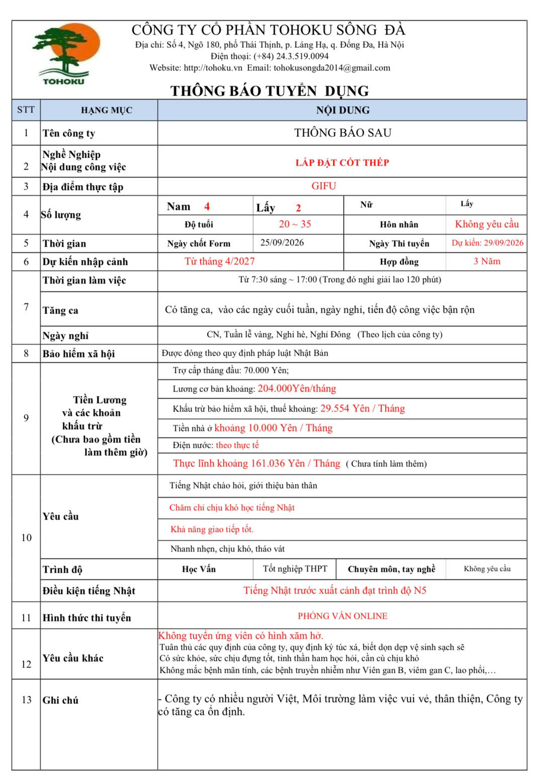 [29/9/2026] TUYỂN NGÀNH NGHỀ LẮP ĐẶT CỐT THÉP - GIFU NHẬT BẢN