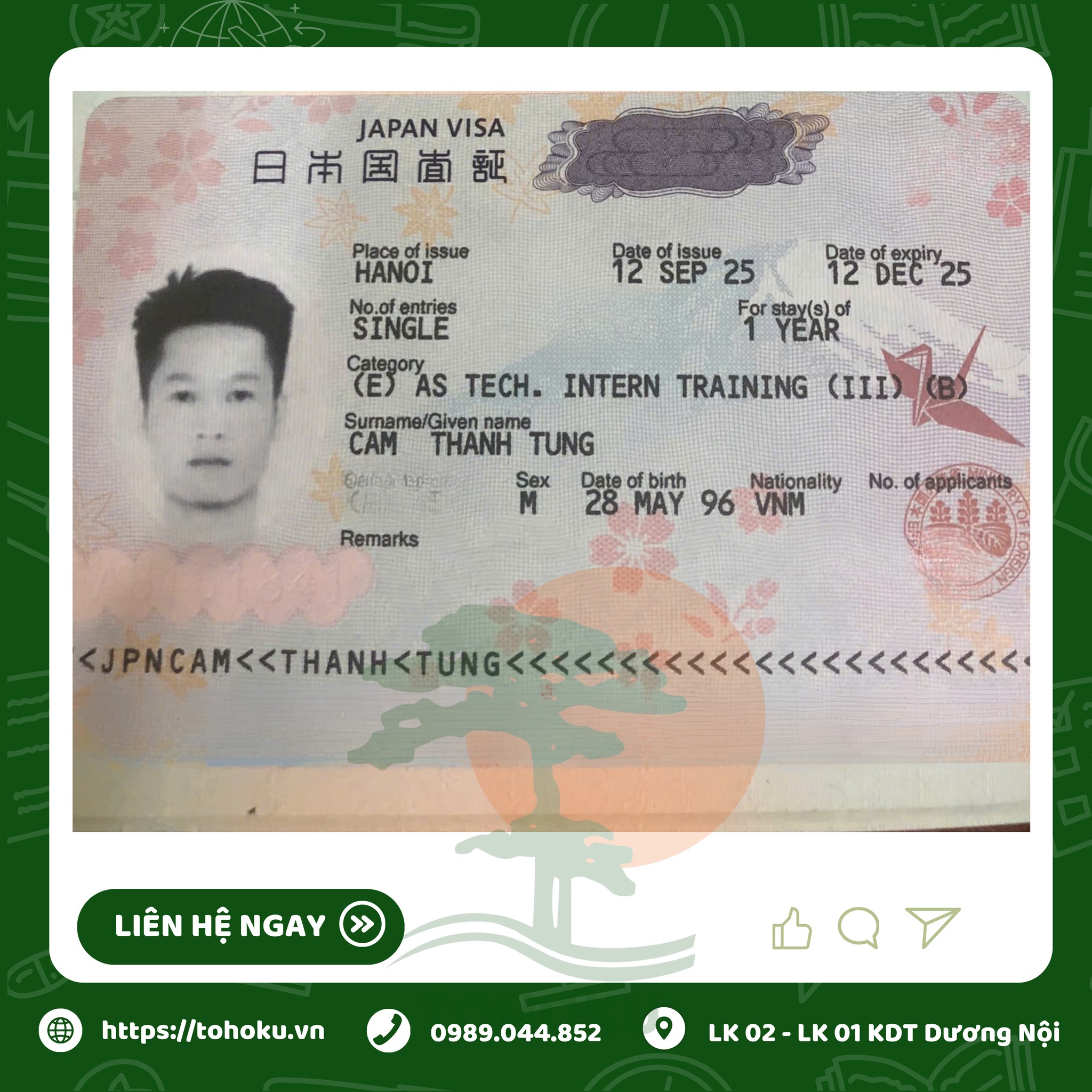 Chúc Mừng Thực Tập Sinh Cầm Thanh Tùng Chính Thức Nhận Visa Nhật Bản