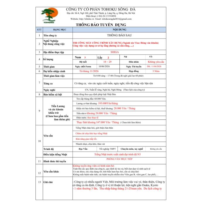 [11/06/2026] THÔNG BÁO TUYỂN BỔ SUNG ĐƠN HÀNG THI CÔNG MÁY CÔNG TRÌNH XÂY DỰNG TẠI SHIGA, NHẬT BẢN