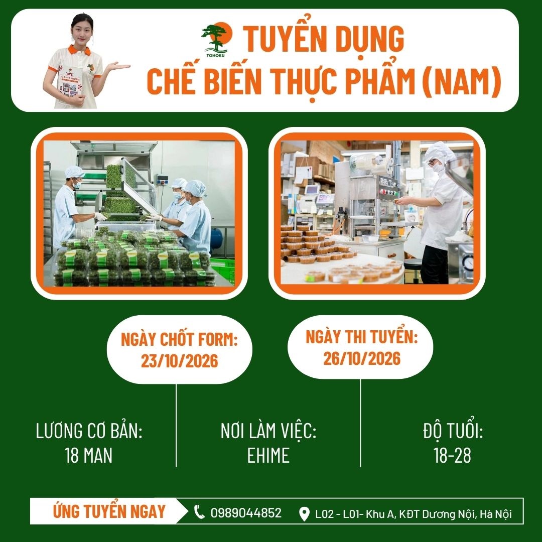 [26/10/2026] TUYỂN NAM NGÀNH NGHỀ CHẾ BIẾN THỰC PHẨM. TỈNH EHIME. NHẬT BẢN