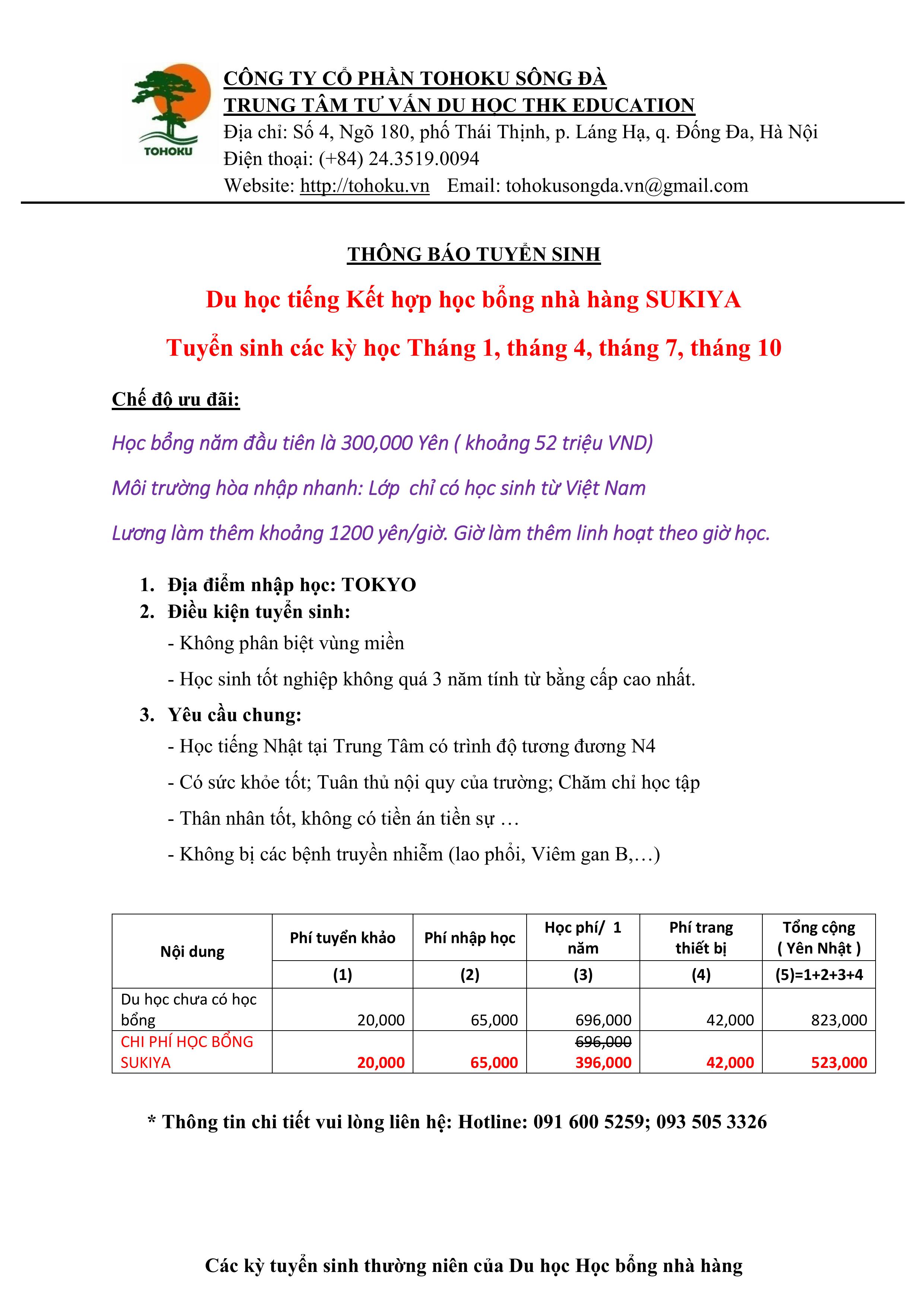 TUYỂN SINH DU HỌC NHẬT BẢN - HỌC BỔNG NHÀ HÀNG SUKIYA KỲ THÁNG 07/2025