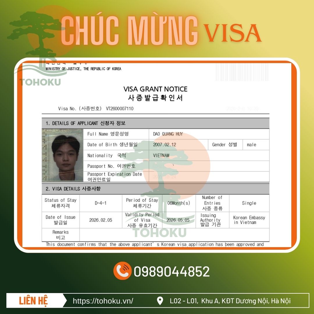 [12/2/2026'- THÔNG BÁO VISA] CHÚC MỪNG ĐÀO QUANG HUY VISA  D4-1 DU HỌC HÀN QUỐC