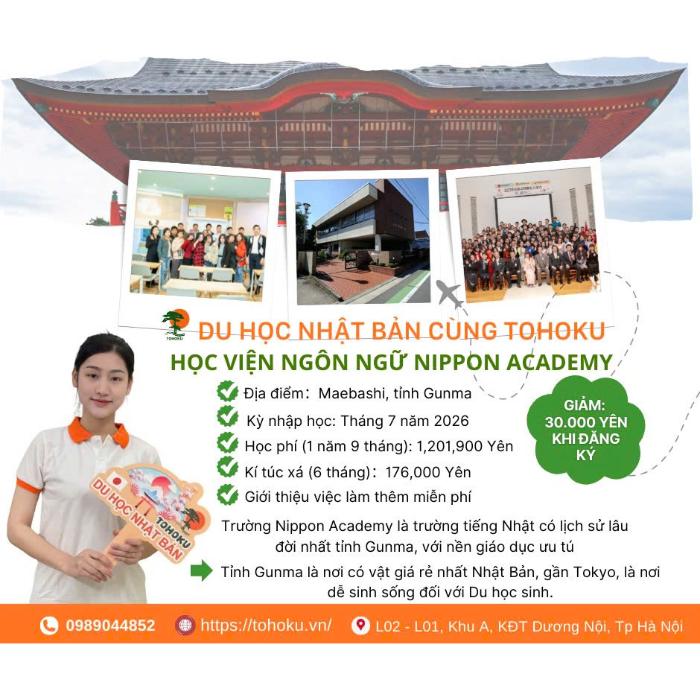 TUYỂN SINH DU HỌC NHẬT BẢN-  HỌC VIỆN NGÔN NGỮ NIPPON ACADEMY THÁNG 7/2026