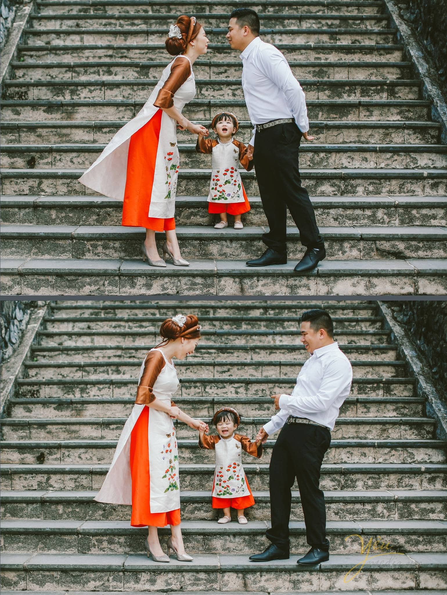 ba mẹ dắt tay con gái trên bậc thềm