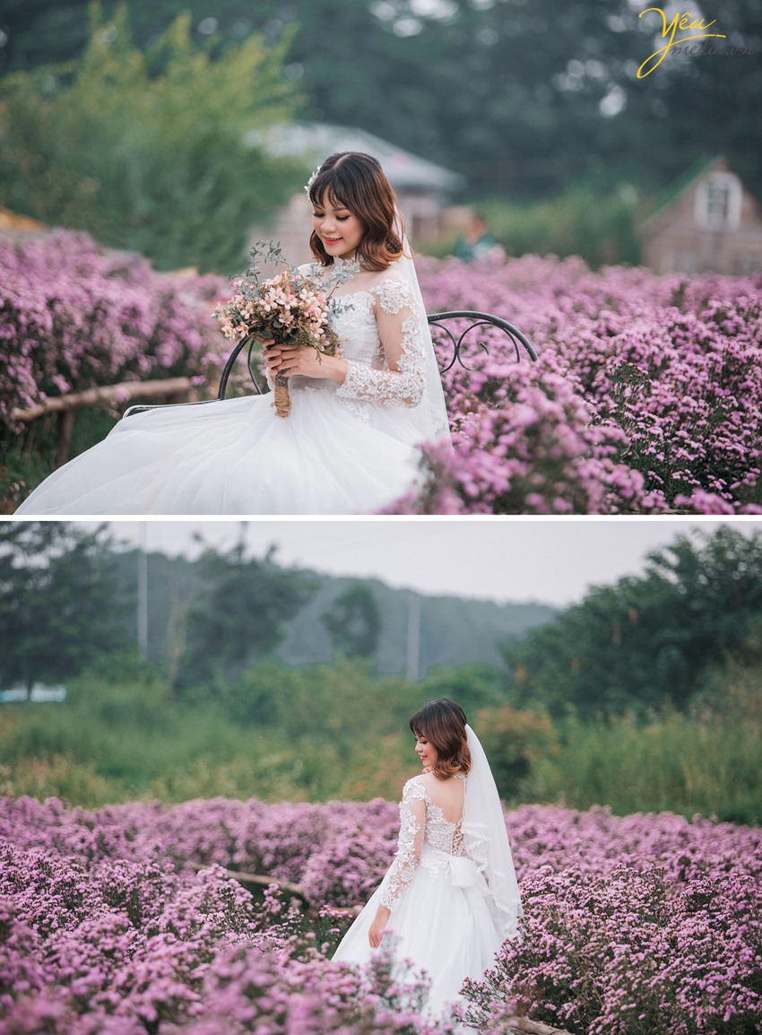 cô dâu xinh đẹp ngồi trong vườn hoa tím