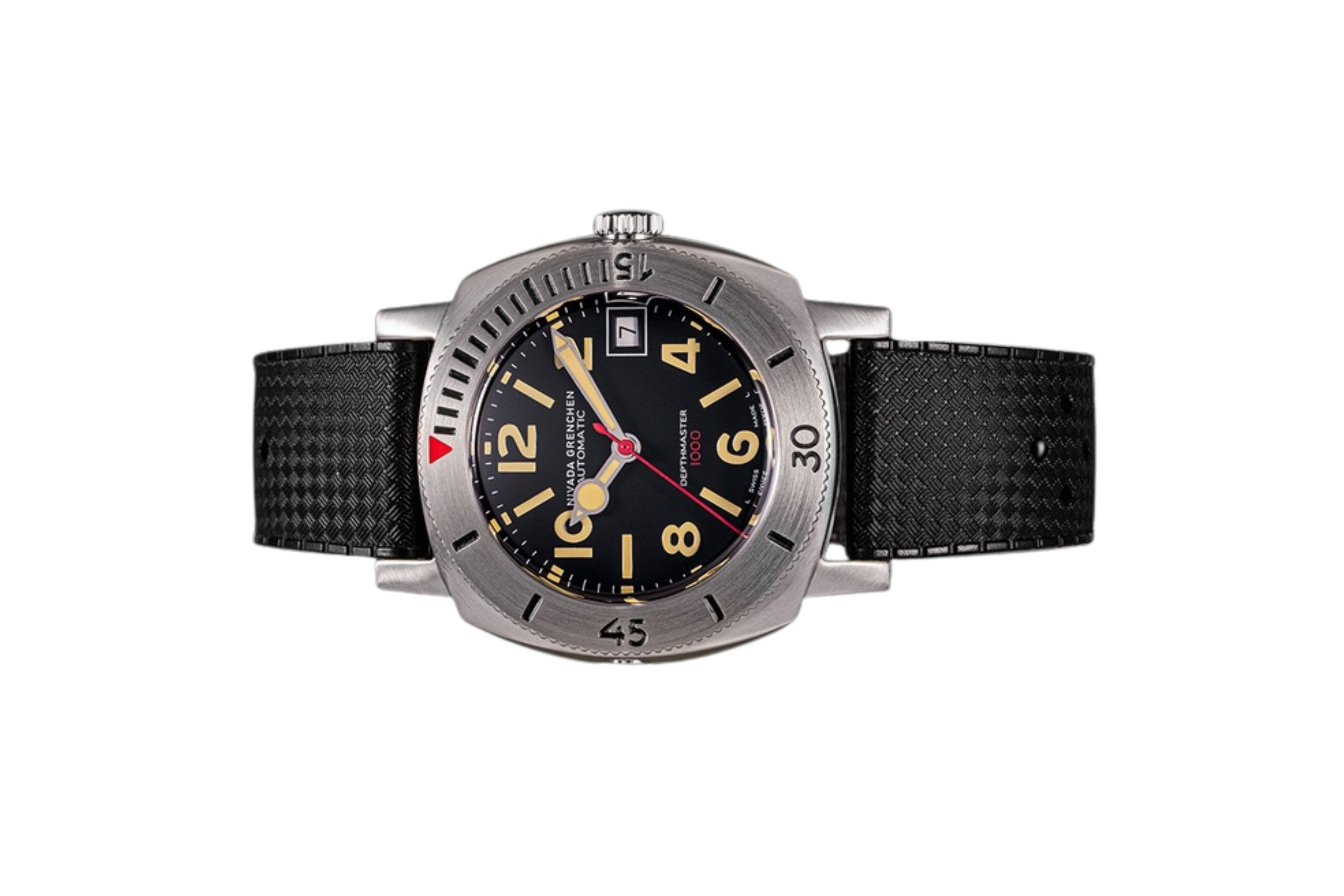 Đồng hồ đeo tay thương hiệu Nivada Grenchen, dòng sản phẩm Depthmaster - Numerals Date, Ref number: 14106A, mặt số đen nhạt, size 39mm, máy tự động, vỏ đồng hồ bằng thép không gỉ 316, dây da bò, mới 100%