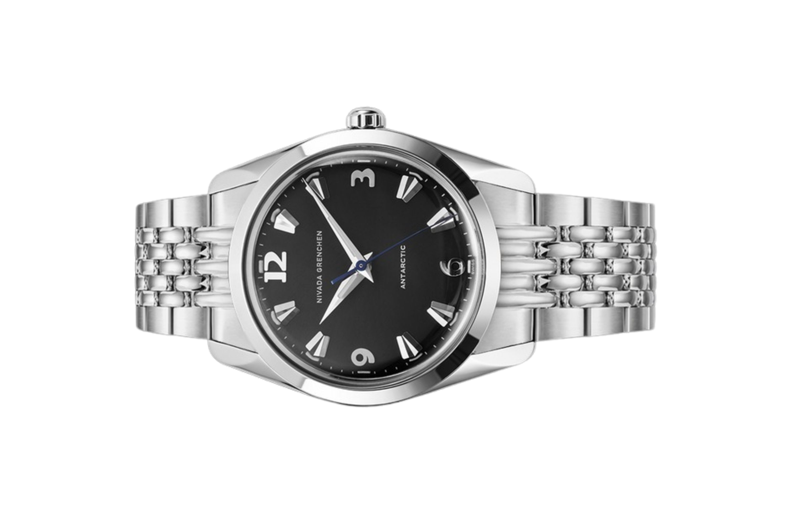 Đồng hồ đeo tay thương hiệu Nivada Grenchen, dòng sản phẩm Antarctic, Ref number: 35002M, mặt số màu đen size 35mm, máy lên cót tay, vỏ và dây đồng hồ bằng thép không gỉ 316, mới 100%