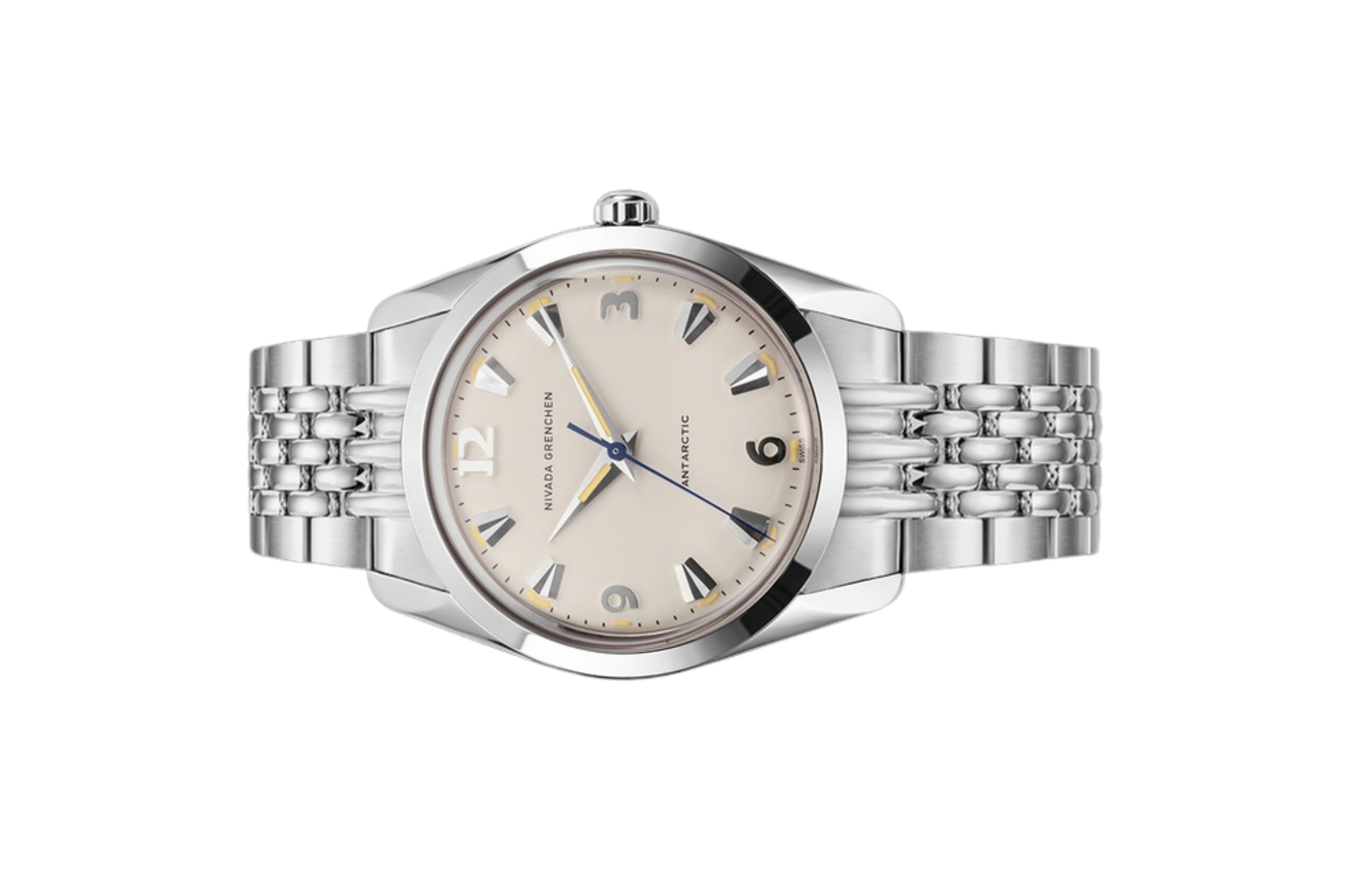 Đồng hồ đeo tay thương hiệu Nivada Grenchen, dòng sản phẩm Antarctic, Ref number: 35001M, mặt số màu trắng size 35mm, máy lên cót tay, vỏ và dây đồng hồ bằng thép không gỉ 316, mới 100%