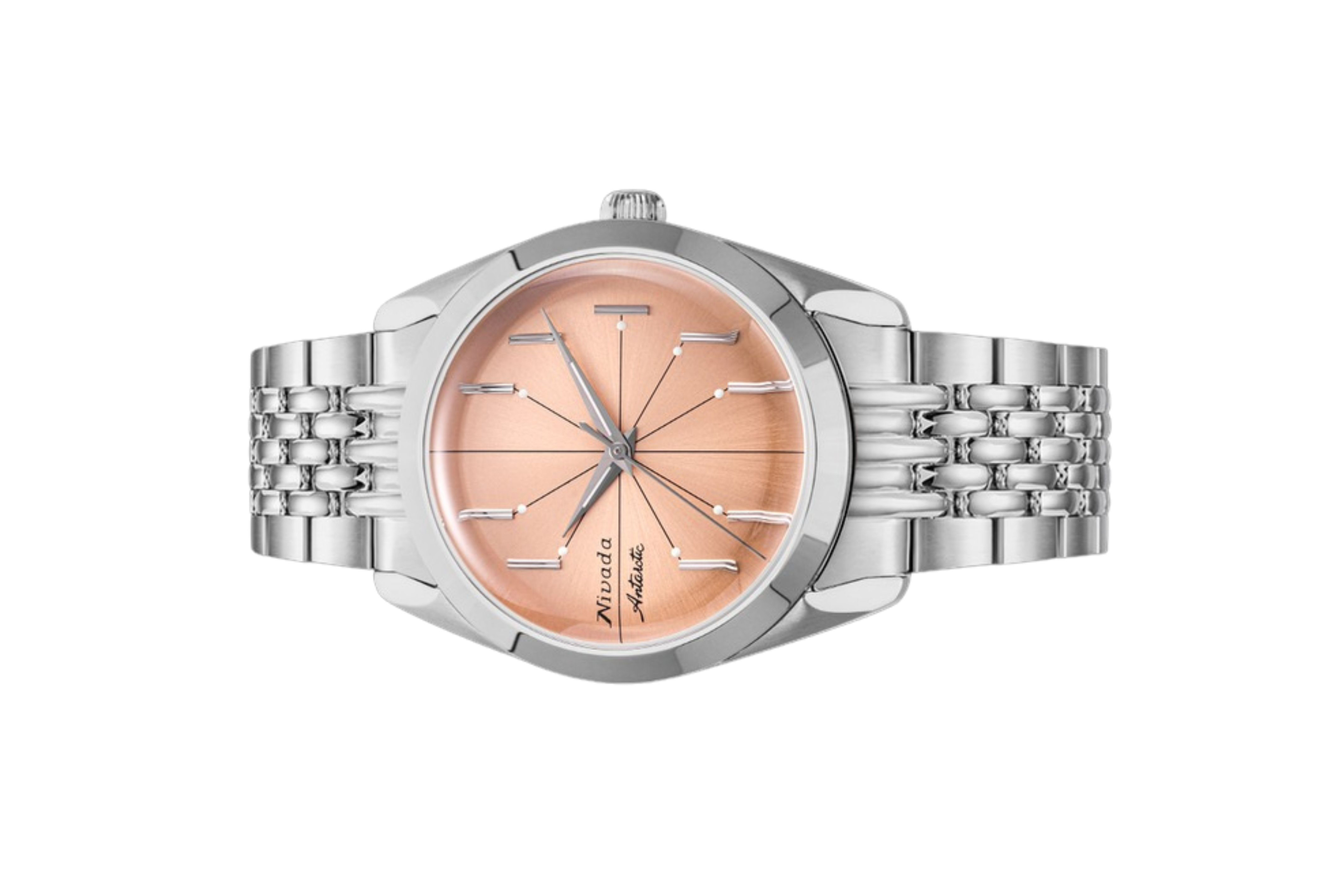 Đồng hồ đeo tay thương hiệu Nivada Grenchen, dòng sản phẩm Antarctic Spider, Ref num 32050A, mặt số hồng cam, size 38mm, máy tự động, vỏ và dây đồng hồ bằng thép không gỉ 316L, mới 100%