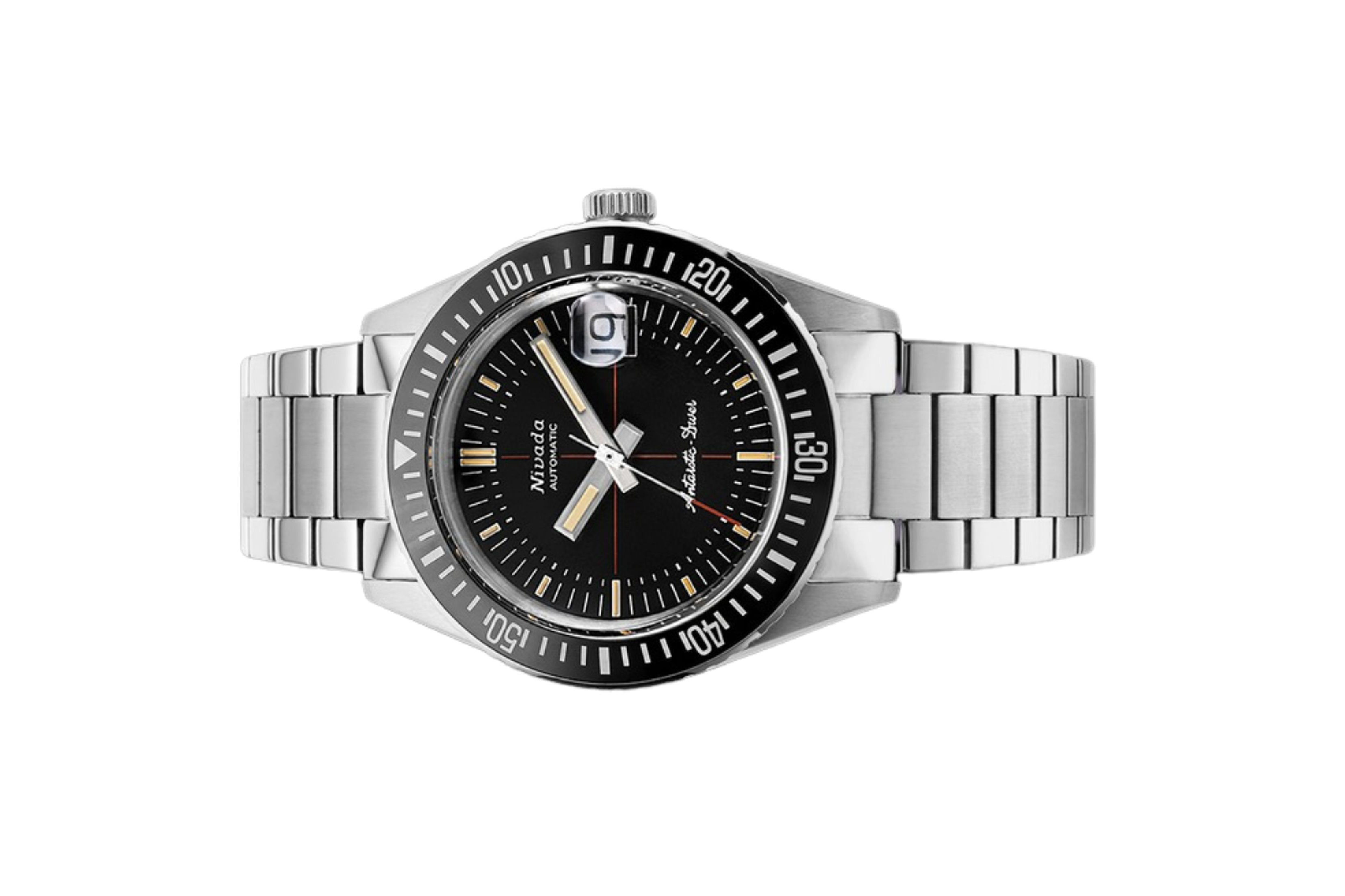 Đồng hồ đeo tay thương hiệu Nivada Grenchen, dòng sản phẩm Antarctic Diver, Ref num 32038A, mặt số họa tiết đen, size 38mm, máy tự động, vỏ và dây đồng hồ bằng thép không gỉ 316L, mới 100%