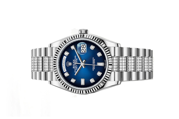 Đồng Hồ Rolex Day-Date 36 128239 Mặt Số Ombré Xanh Dương Và Dây Đeo President Nạm Kim Cương
