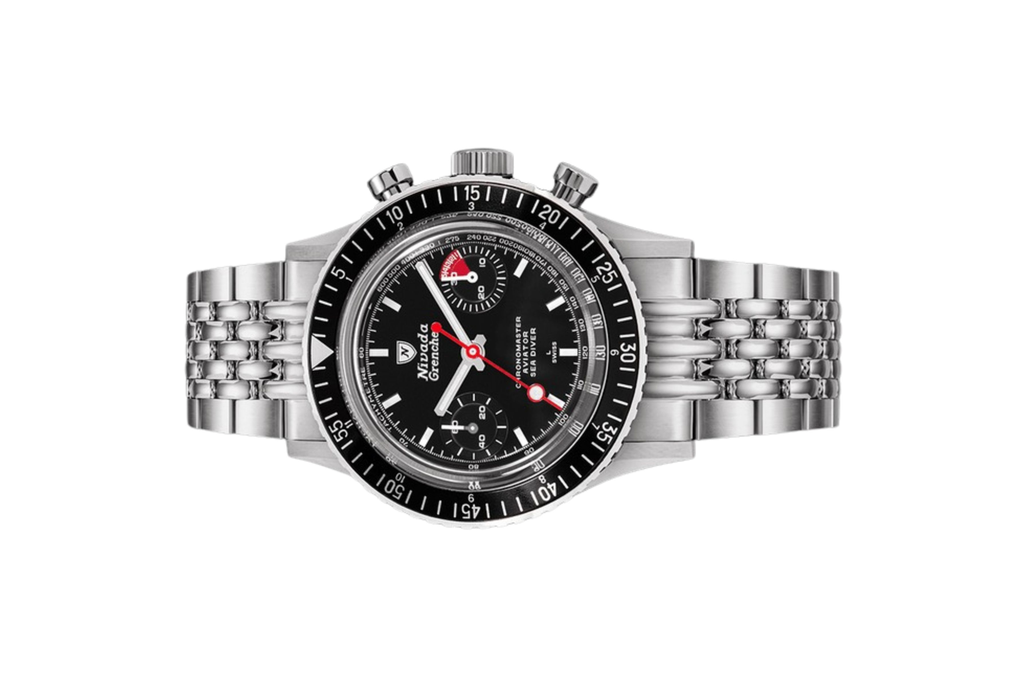 Đồng hồ đeo tay thương hiệu Nivada Grenchen, dòng sản phẩm Chronomaster White Lollipop, Ref no: 86011WM, mặt số màu đen, size 38mm, lên dây cót bằng tay, vỏ và dây đồng hồ bằng thép không gỉ, mới 100%