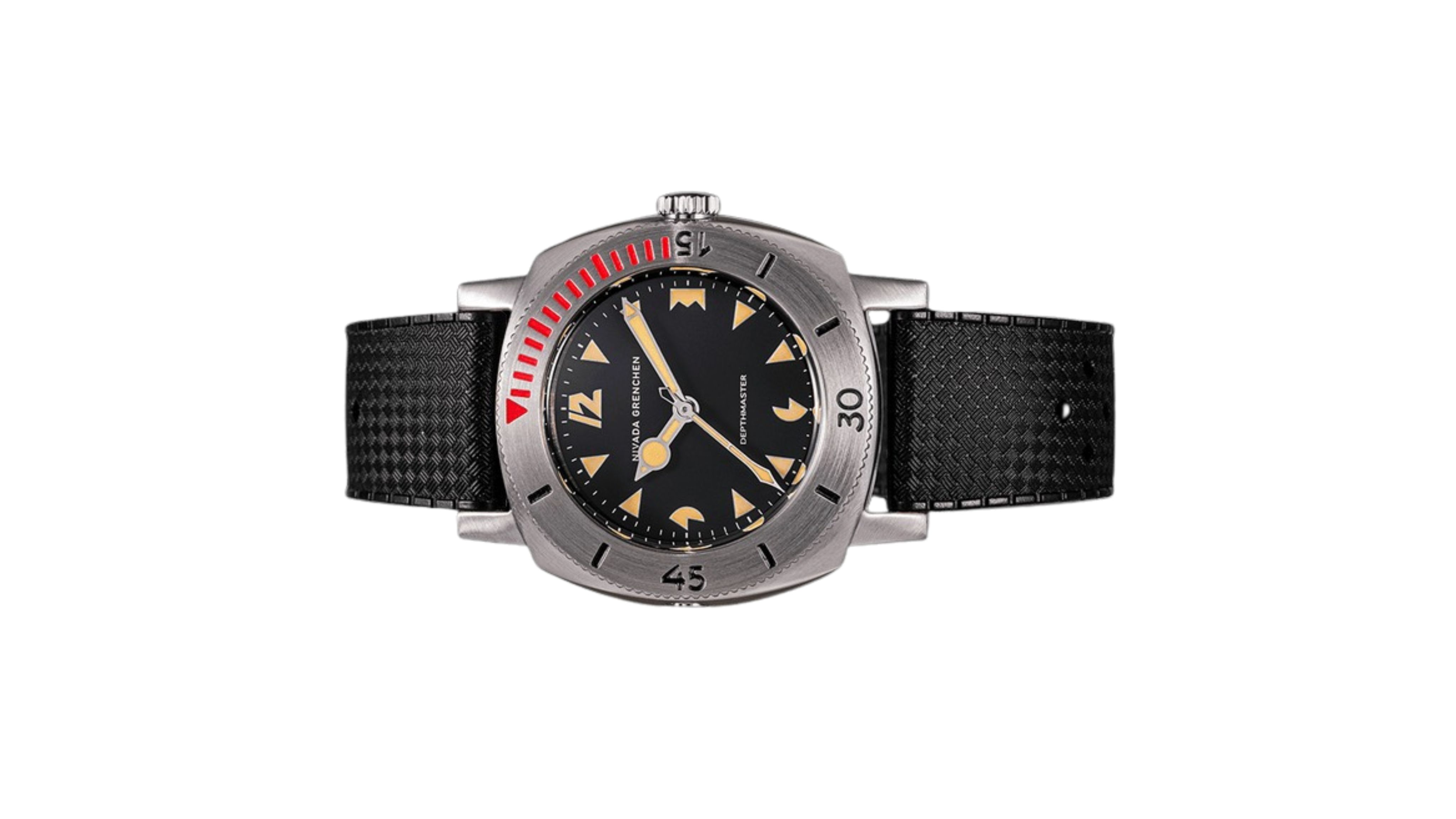 Đồng hồ đeo tay thương hiệu Nivada Grenchen, dòng sản phẩm Depthmaster, Ref number: 14105A, mặt số đen nhạt, size 39mm, máy tự động, vỏ thép không gỉ 316, dây da bò, mới 100%