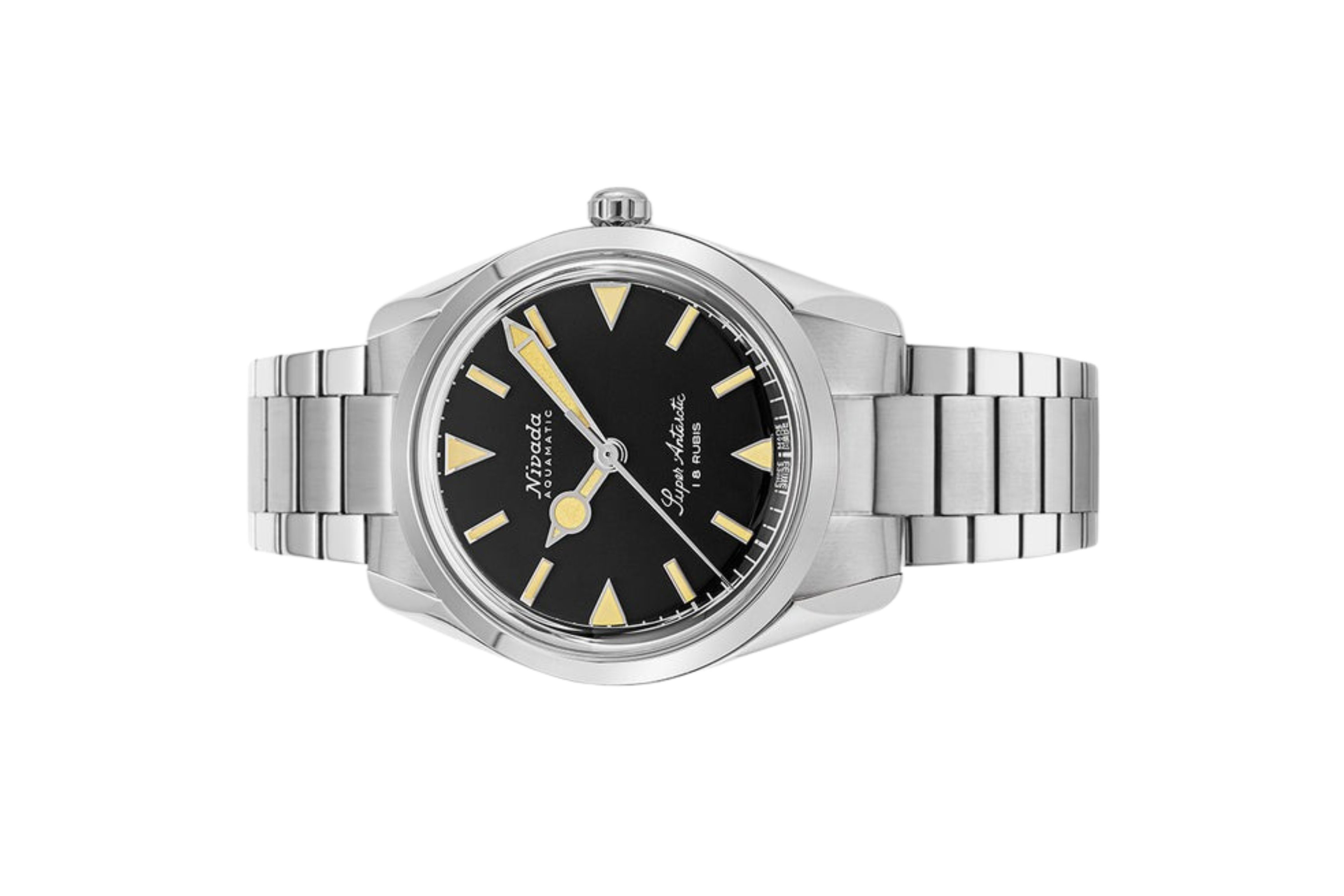 Đồng hồ đeo tay thương hiệu Nivada Grenchen, dòng sản phẩm Super Antarctic, Ref num 35013M, mặt số đen, size 35mm, máy lên dây cót, vỏ và dây đồng hồ bằng thép không gỉ 316L, mới 100%