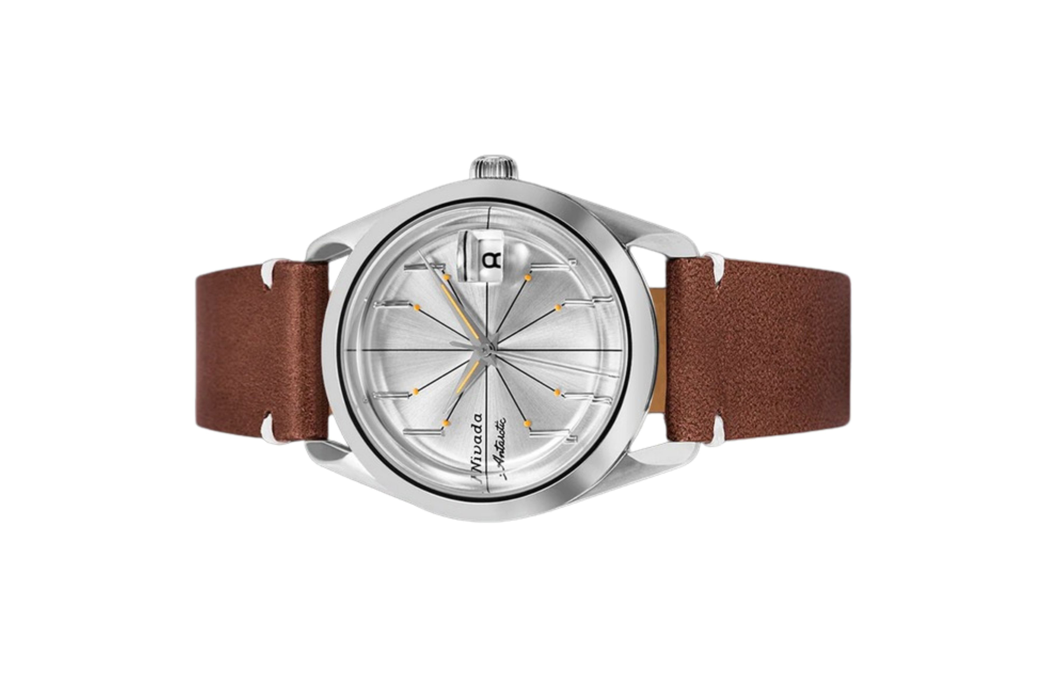 Đồng hồ đeo tay thương hiệu Nivada Grenchen, dòng sản phẩm Antarctic Spider, Ref num 35012M, mặt số bạc, size 35mm, máy lên cót tay, vỏ bằng thép không gỉ 316L, dây da bò, mới 100%