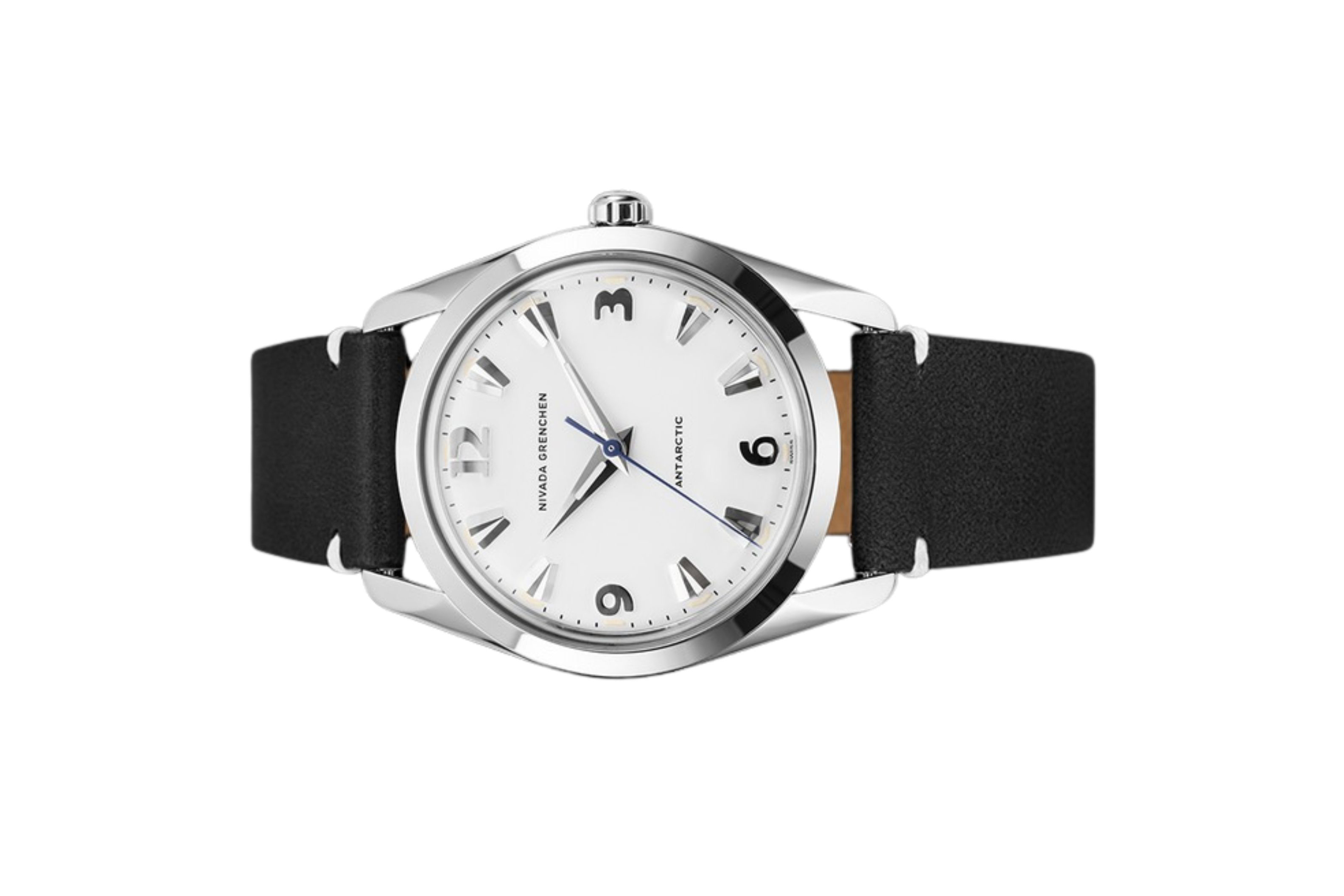 Đồng hồ đeo tay thương hiệu Nivada Grenchen, dòng sản phẩm Antarctic, Ref number: 35005M, mặt số trắng Matt, size 35mm, máy lên cót tay, vỏ bằng thép không gỉ 316L, dây da bò, mới 100%
