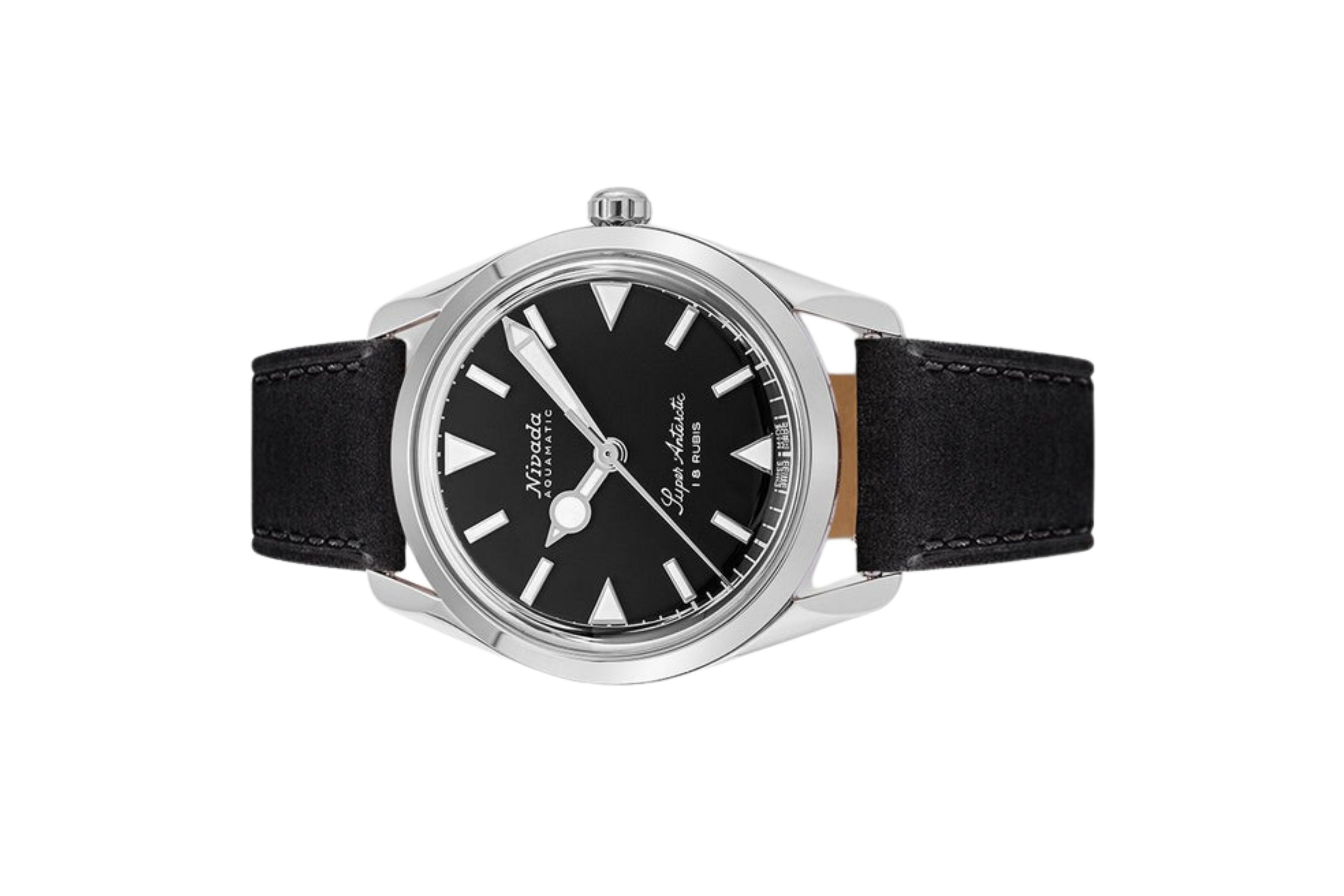 Đồng hồ đeo tay thương hiệu Nivada Grenchen, dòng sản phẩm Super Antarctic, Ref num 35014M, mặt số đen, size 35mm, máy lên dây cót, vỏ bằng thép không gỉ 316L, dây da bò, mới 100%