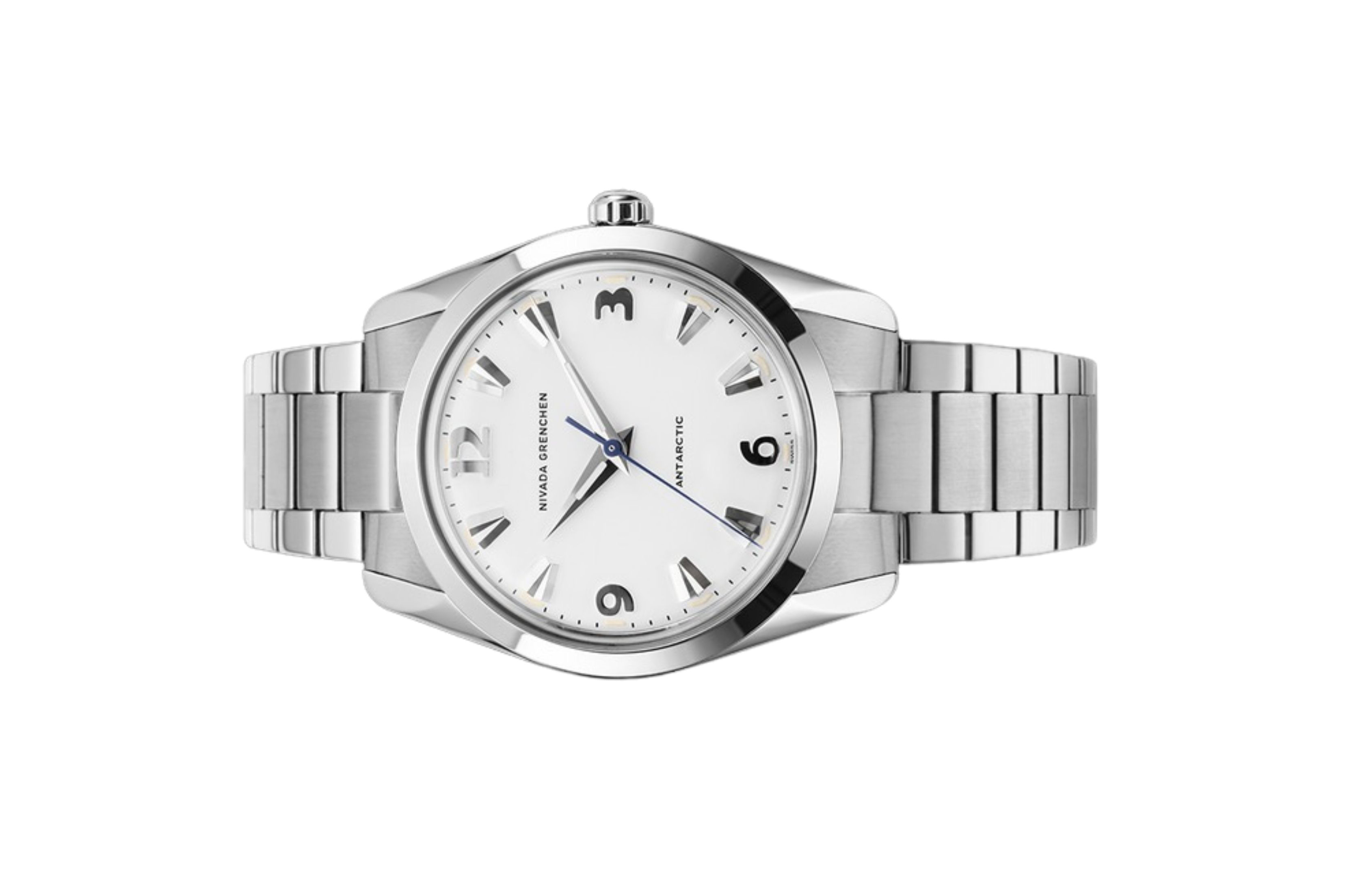 Đồng hồ đeo tay thương hiệu Nivada Grenchen, dòng sản phẩm Antarctic, Ref number: 35005M, mặt số trắng Matt, size 35mm, máy lên cót tay, vỏ và dây đồng hồ bằng thép không gỉ 316L, mới 100%