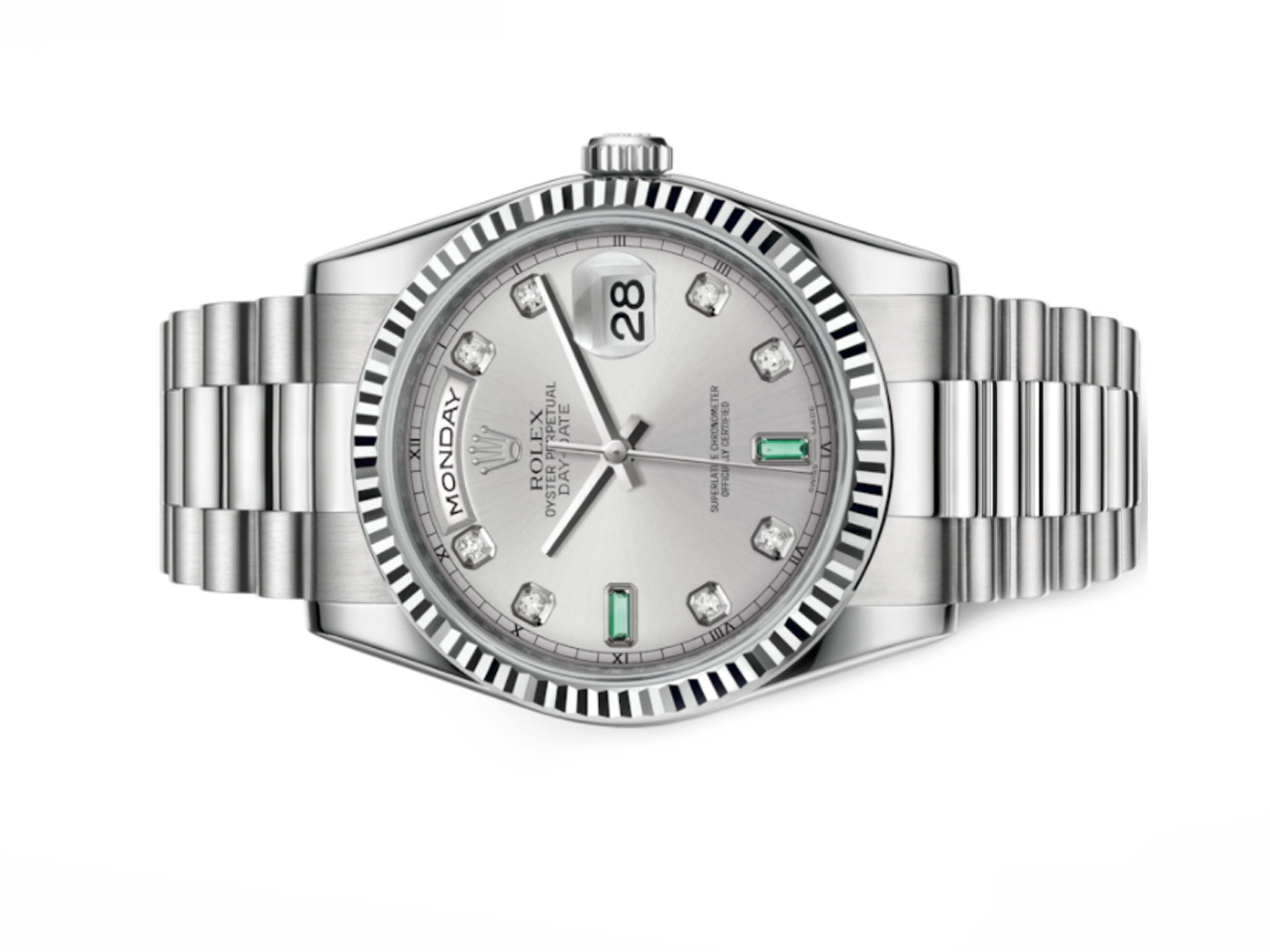 Đồng Hồ Rolex Day Date 36 118239 Mặt Số Rhodium Nạm Kim Cương Và Ngọc Lục Bảo