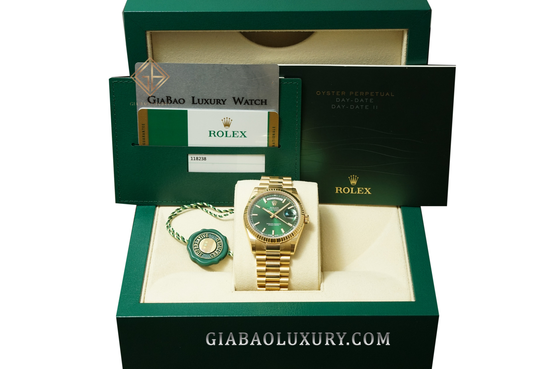 Đồng Hồ Rolex Day-Date 36 118238 Mặt Số Xanh Lá