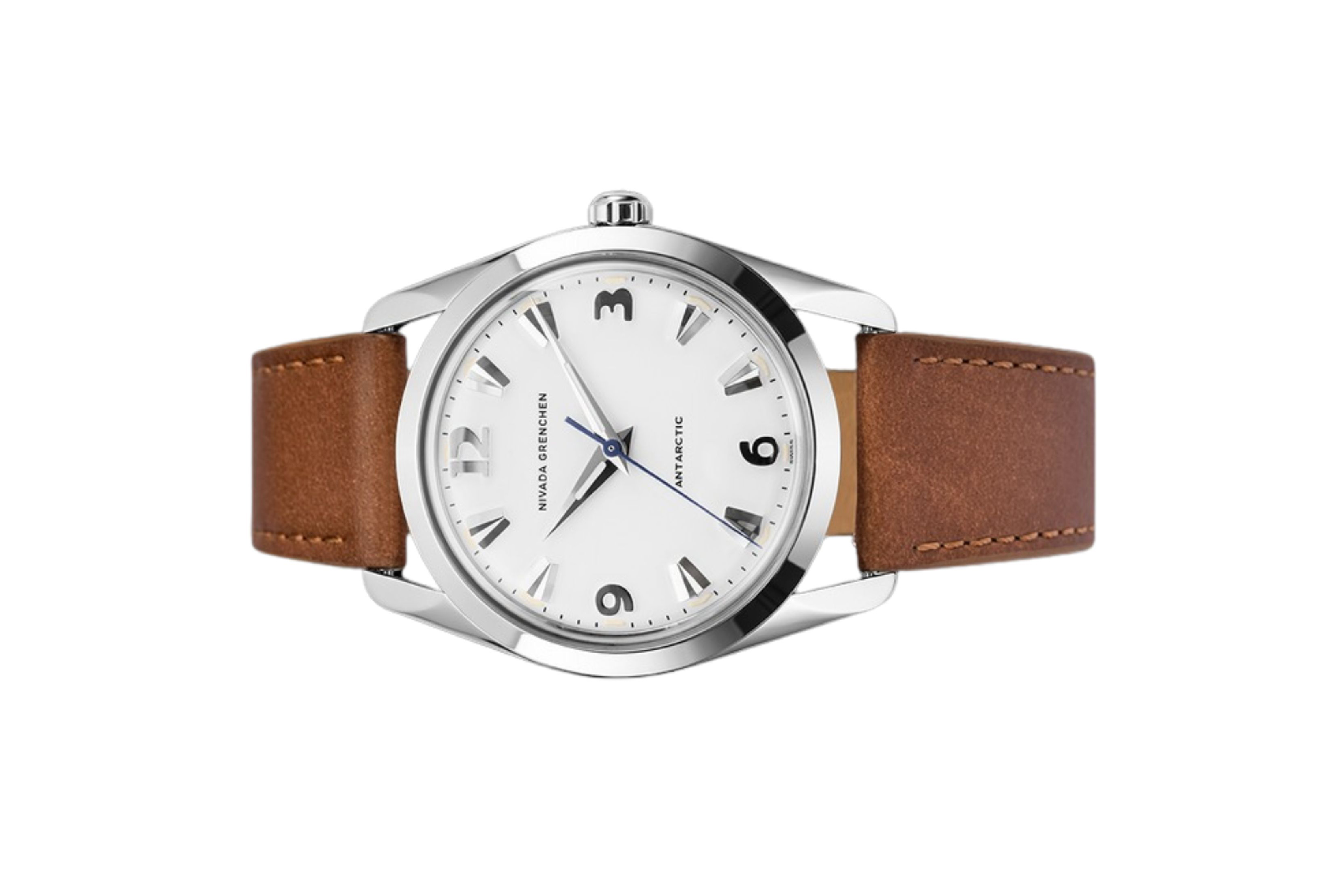 Đồng hồ đeo tay thương hiệu Nivada Grenchen, dòng sản phẩm Antarctic, Ref number: 35005M, mặt số trắng Matt, size 35mm, máy lên cót tay, vỏ bằng thép không gỉ 316L, dây da bò, mới 100%