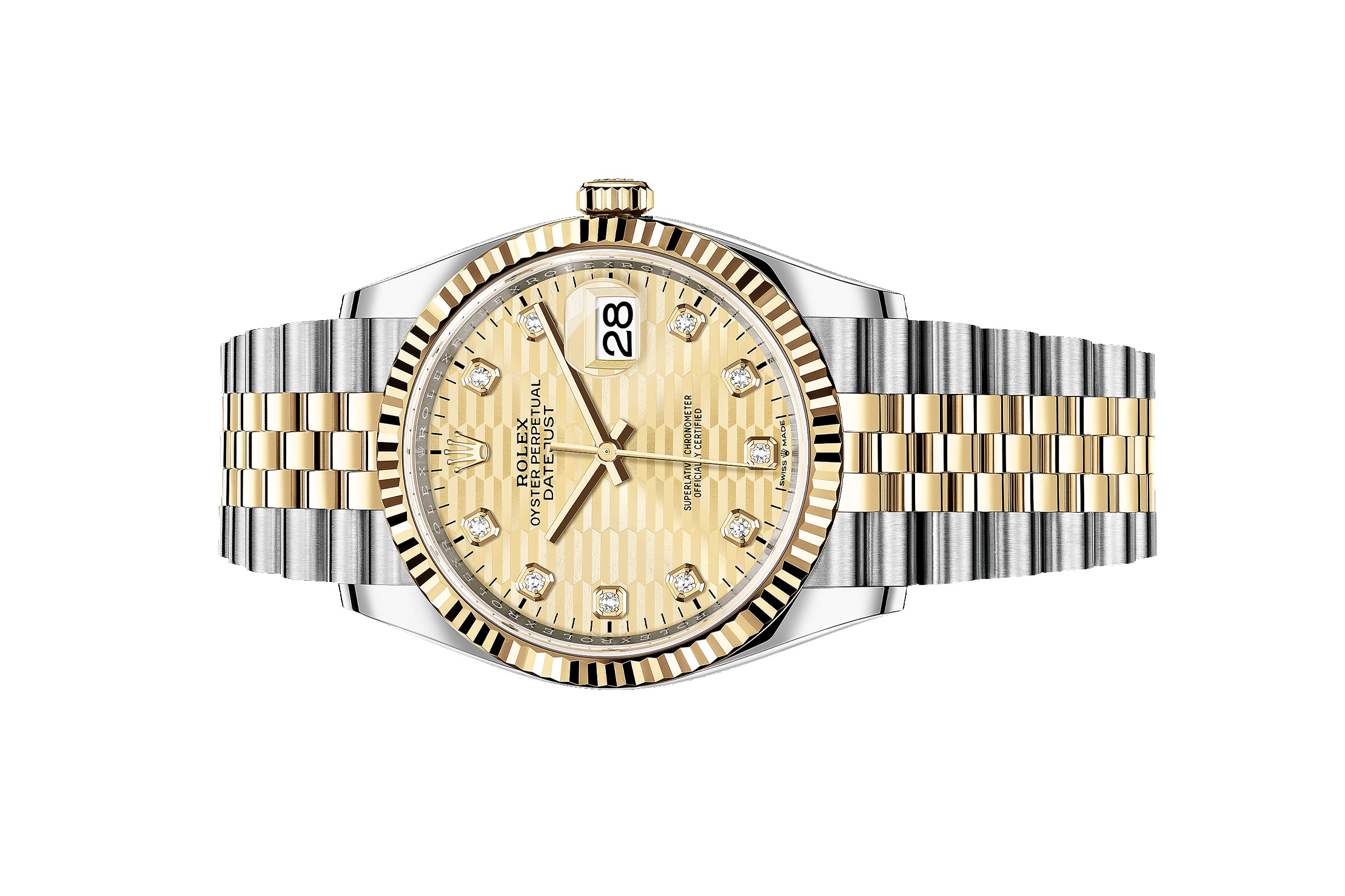 Đồng Hồ Rolex Datejust 36 126233 Mặt Số Vàng Champagne Vân Gấp Nếp Cọc Số Nạm Kim Cương