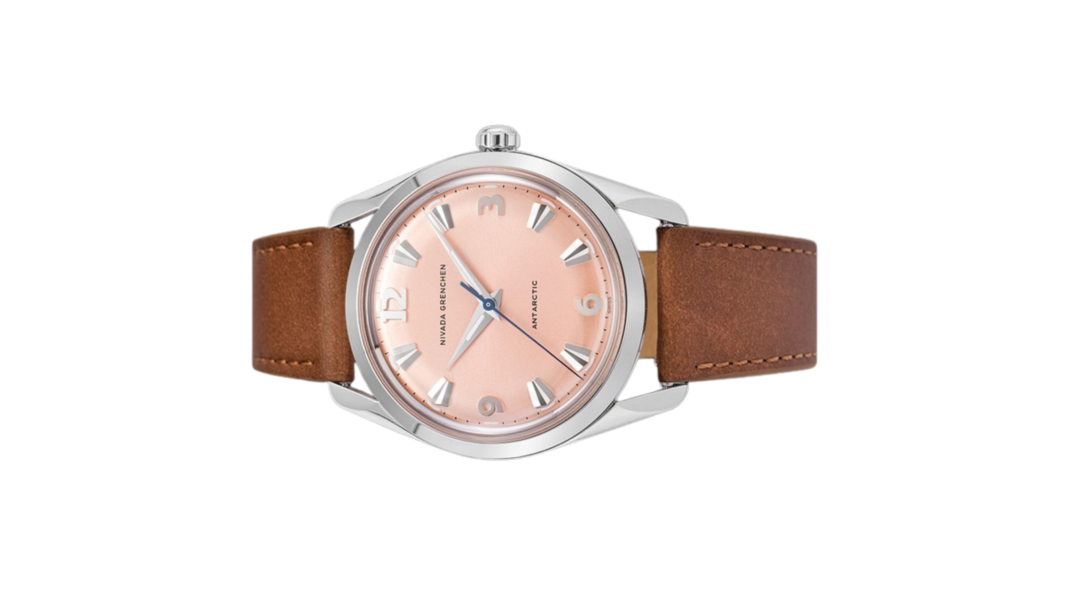 Đồng hồ đeo tay thương hiệu Nivada Grenchen, dòng sản phẩm Antarctic, Ref number: 35018M, mặt số Sunray chải tia cá hồi, size 35mm, máy lên cót tay, vỏ bằng thép không gỉ 316, dây da bò, mới 100%