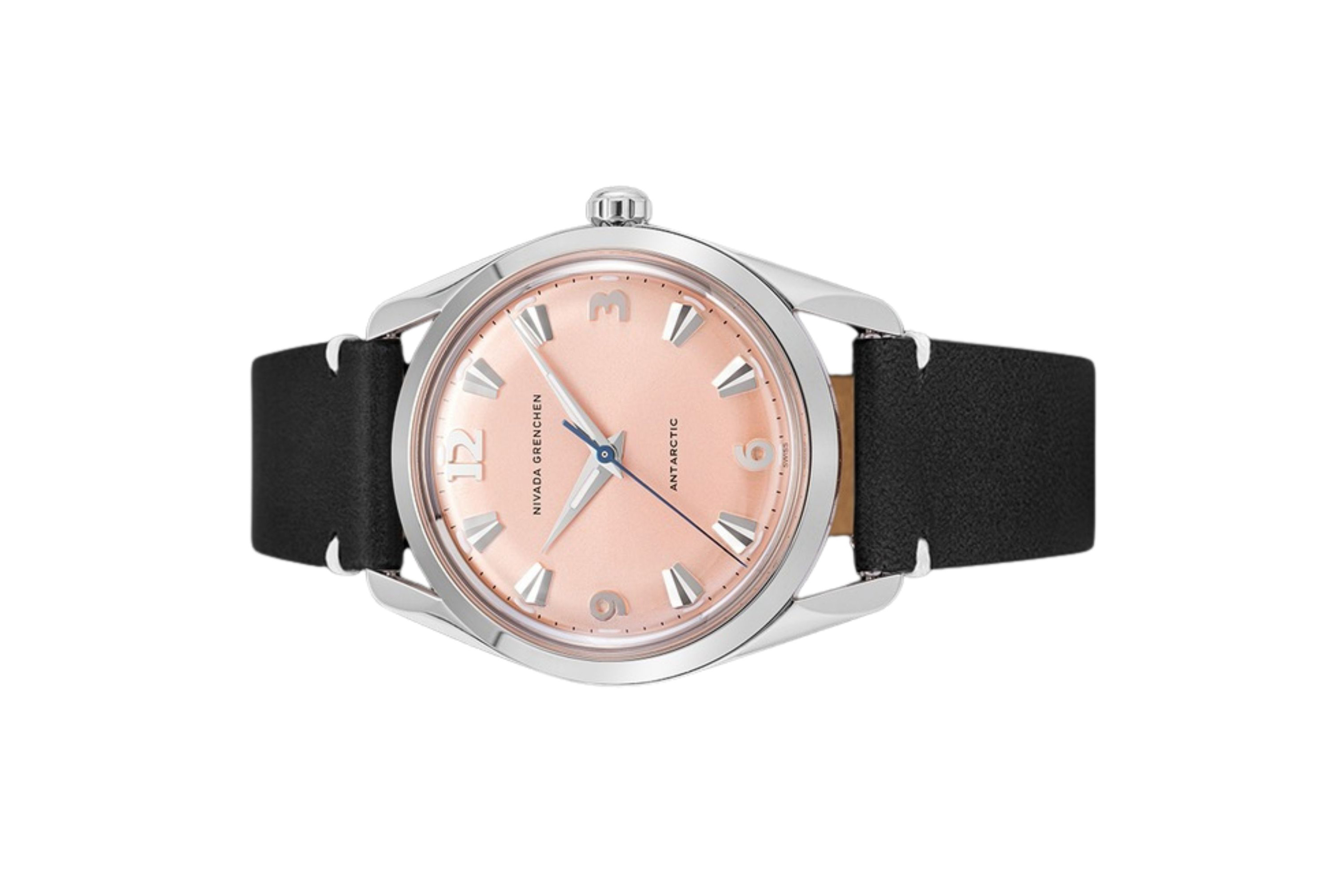 Đồng hồ đeo tay thương hiệu Nivada Grenchen, dòng sản phẩm Antarctic, Ref number: 35018M, mặt số Sunray chải tia cá hồi, size 35mm, máy lên cót tay, vỏ bằng thép không gỉ 316, dây da bò, mới 100%