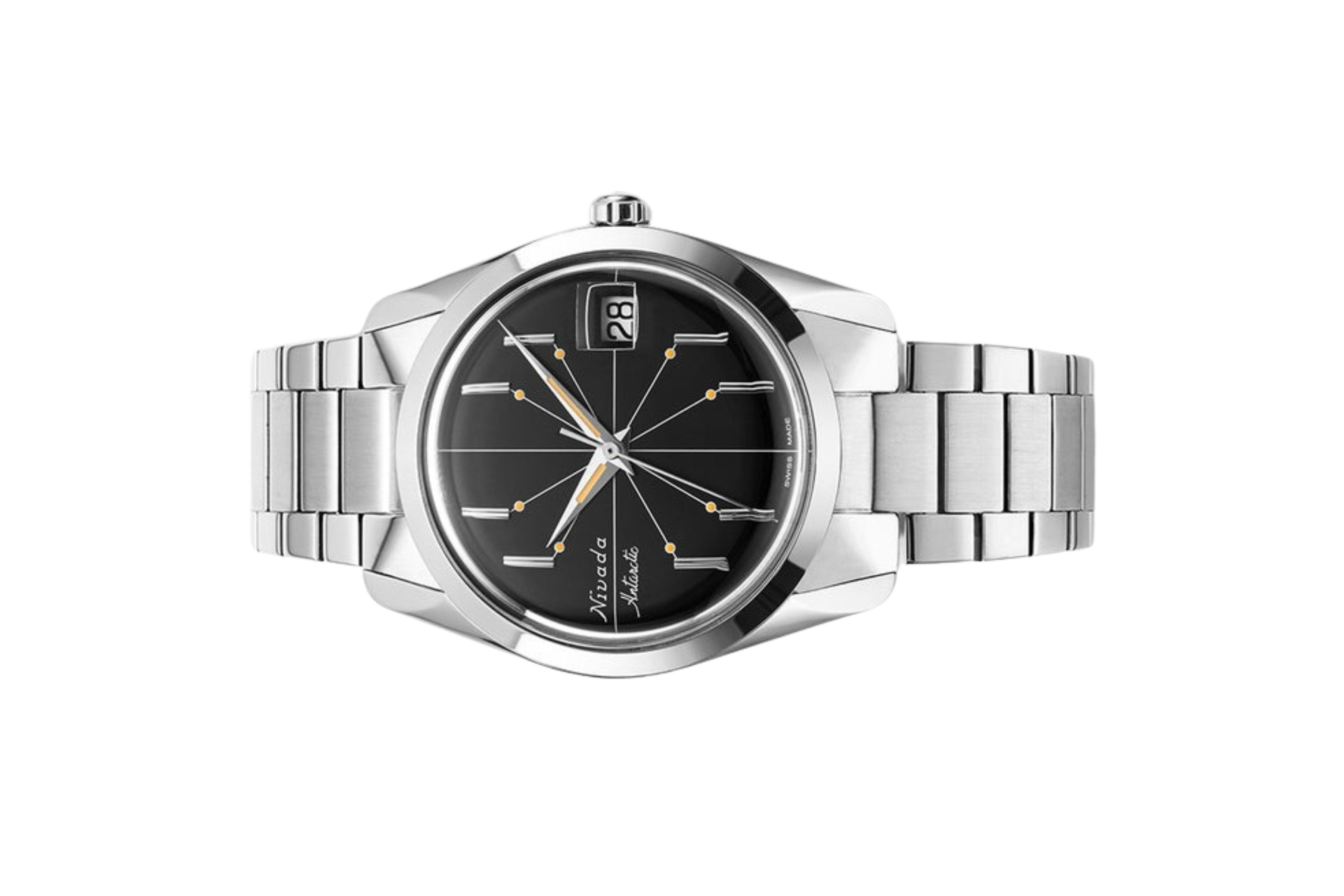 Đồng hồ đeo tay thương hiệu Nivada Grenchen, dòng sản phẩm Antarctic Spider, Ref num 35011M, mặt số màu đen, size 35mm, máy lên cót tay, vỏ và dây đồng hồ bằng thép không gỉ 316L, mới 100%