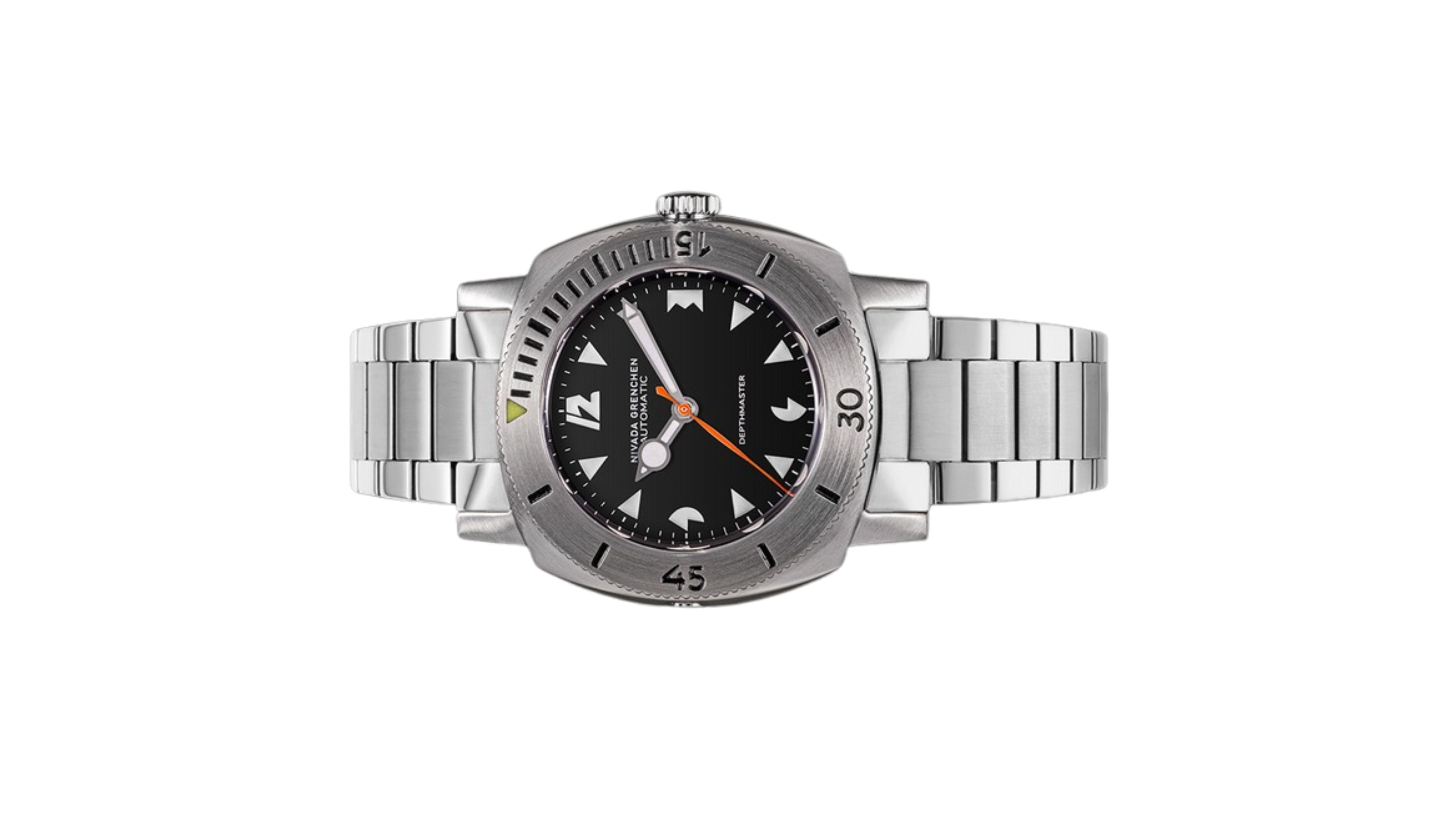 Đồng hồ đeo tay thương hiệu Nivada Grenchen, dòng sản phẩm Depthmaster, Ref number: 14102A, mặt số đen, size 39mm, máy tự động, vỏ và dây đồng hồ bằng thép không gỉ 316, mới 100%