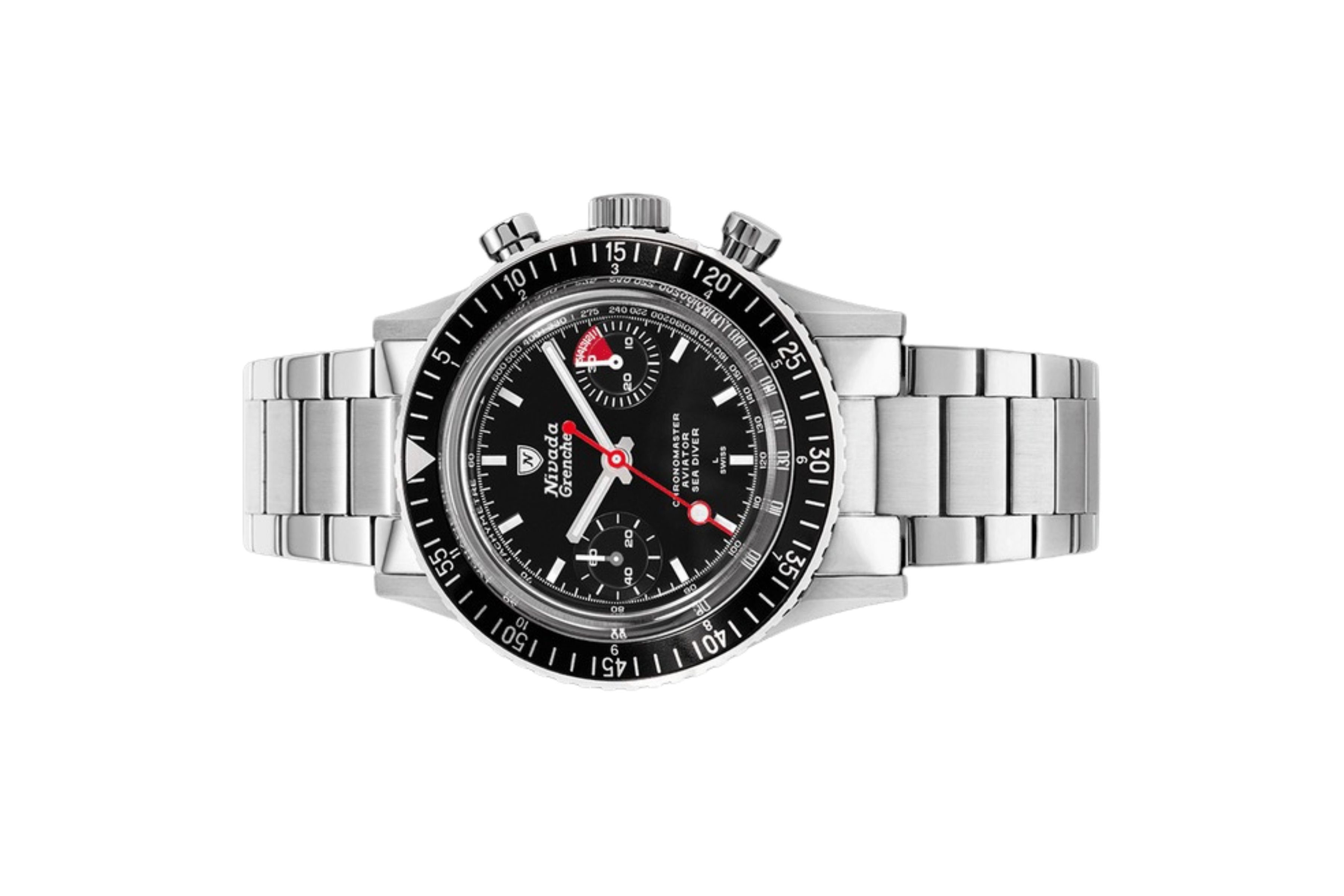 Đồng hồ đeo tay thương hiệu Nivada Grenchen, dòng sản phẩm Chronomaster White Lollipop, Ref no: 86011WM, mặt số màu đen, size 38mm, lên dây cót bằng tay, vỏ và dây đồng hồ bằng thép không gỉ, mới 100%