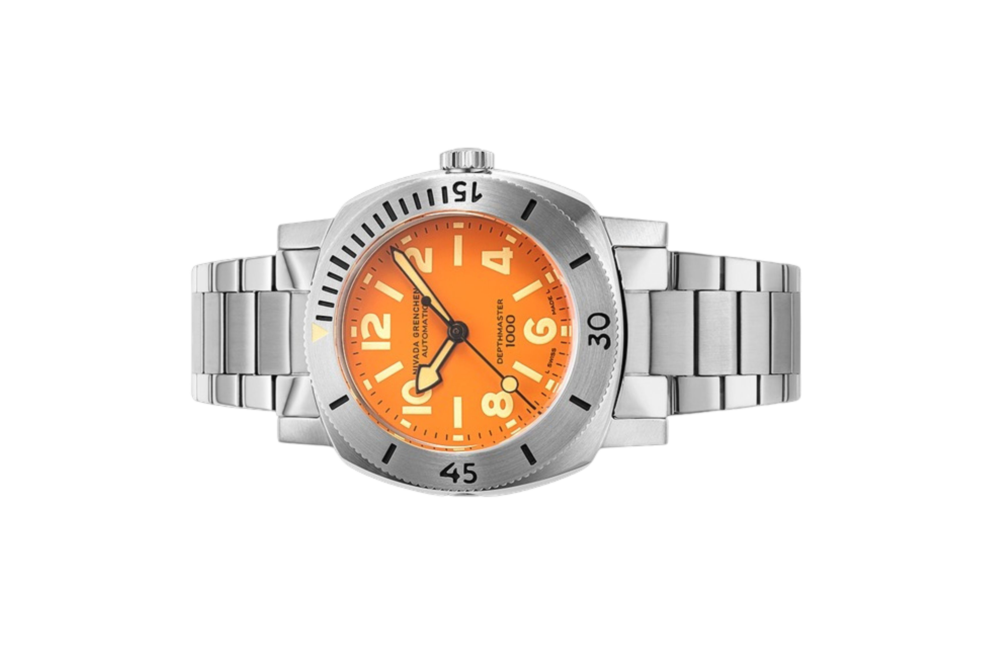 Đồng hồ đeo tay thương hiệu Nivada Grenchen, dòng sản phẩm Depthmaster, Ref number: 14127A, mặt số màu cam, size 39mm, máy tự động, vỏ và dây đồng hồ bằng thép không gỉ 316, mới 100%