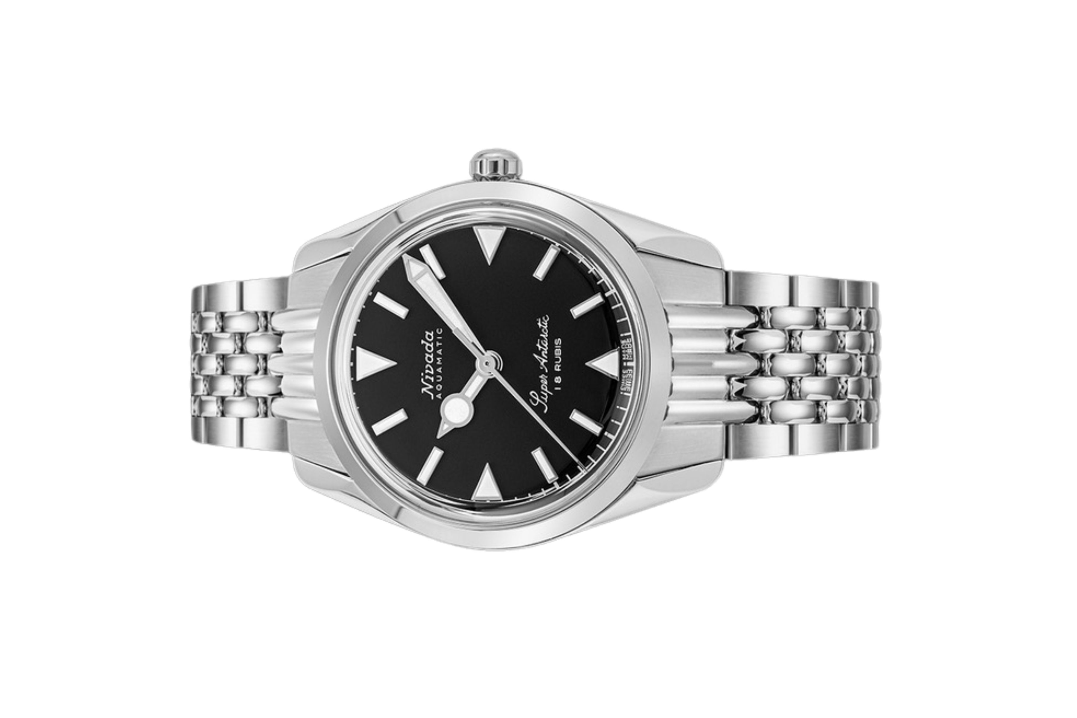Đồng hồ đeo tay thương hiệu Nivada Grenchen, dòng sản phẩm Super Antarctic, Ref num 35014M, mặt số đen, size 35mm, máy lên dây cót, vỏ và dây đồng hồ bằng thép không gỉ 316L, mới 100%