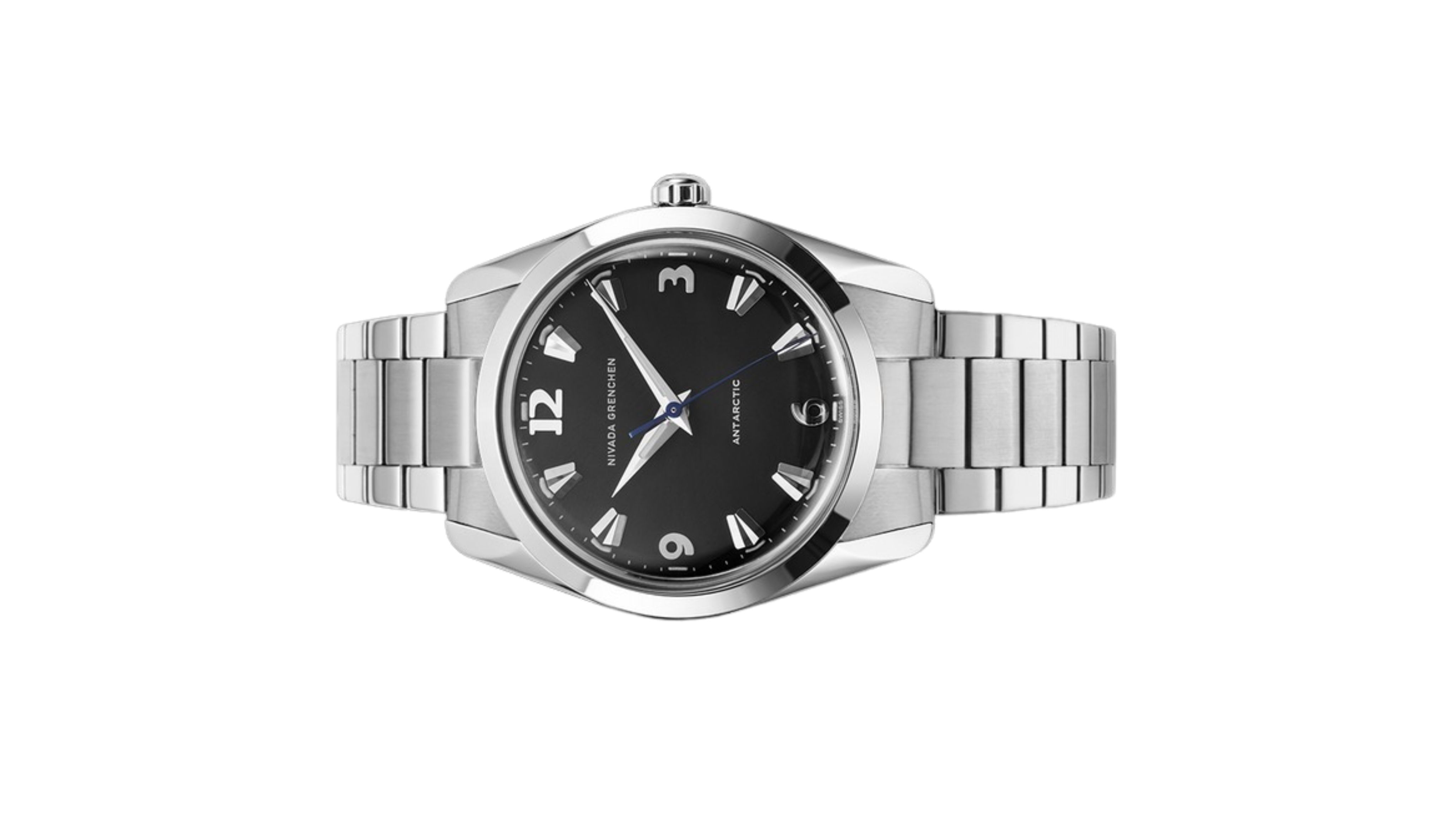 Đồng hồ đeo tay thương hiệu Nivada Grenchen, dòng sản phẩm Antarctic, Ref number: 35002M, mặt số màu đen size 35mm, máy lên cót tay, vỏ và dây đồng hồ bằng thép không gỉ 316, mới 100%