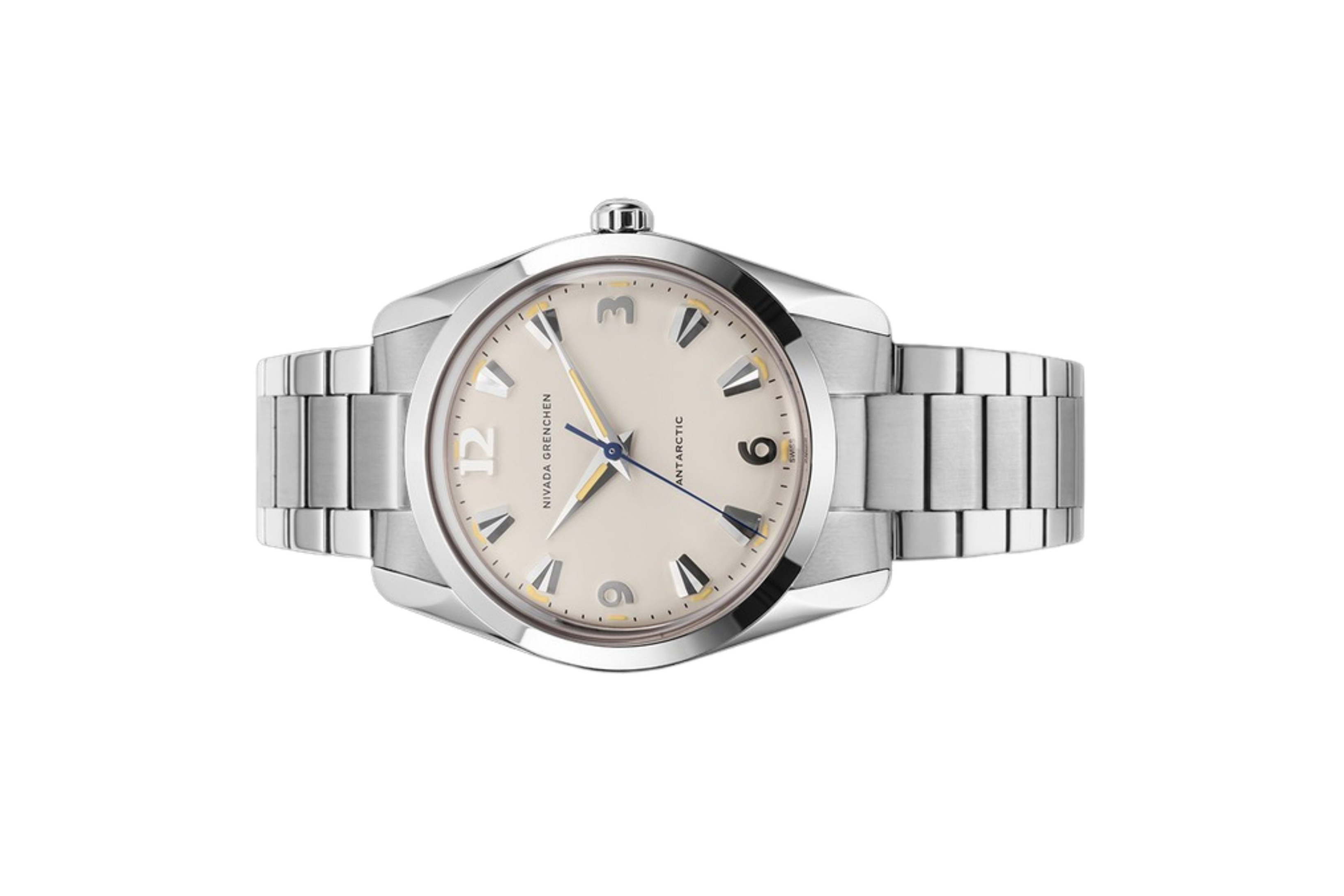 Đồng hồ đeo tay thương hiệu Nivada Grenchen, dòng sản phẩm Antarctic, Ref number: 35001M, mặt số màu trắng size 35mm, máy lên cót tay, vỏ và dây đồng hồ bằng thép không gỉ 316, mới 100%