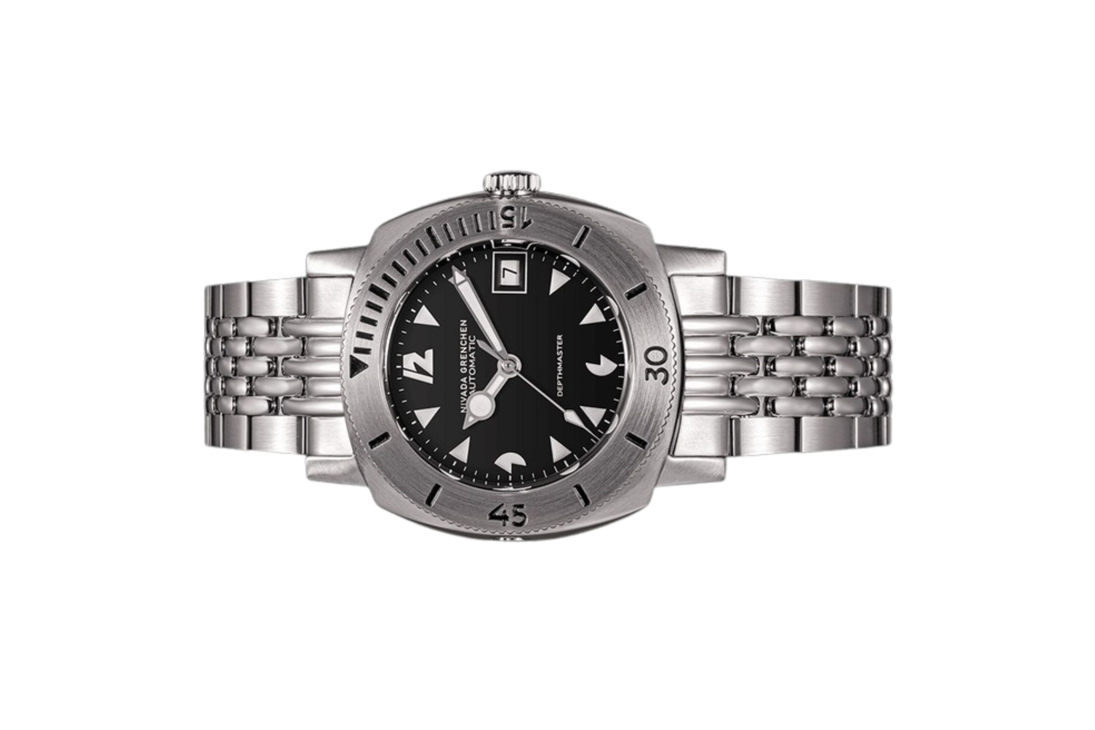 Đồng hồ đeo tay thương hiệu Nivada Grenchen, dòng sản phẩm Depthmaster - Pacman, Ref number: 14104A, mặt số đen, size 39mm, máy tự động, vỏ và dây đồng hồ bằng thép không gỉ 316, mới 100%