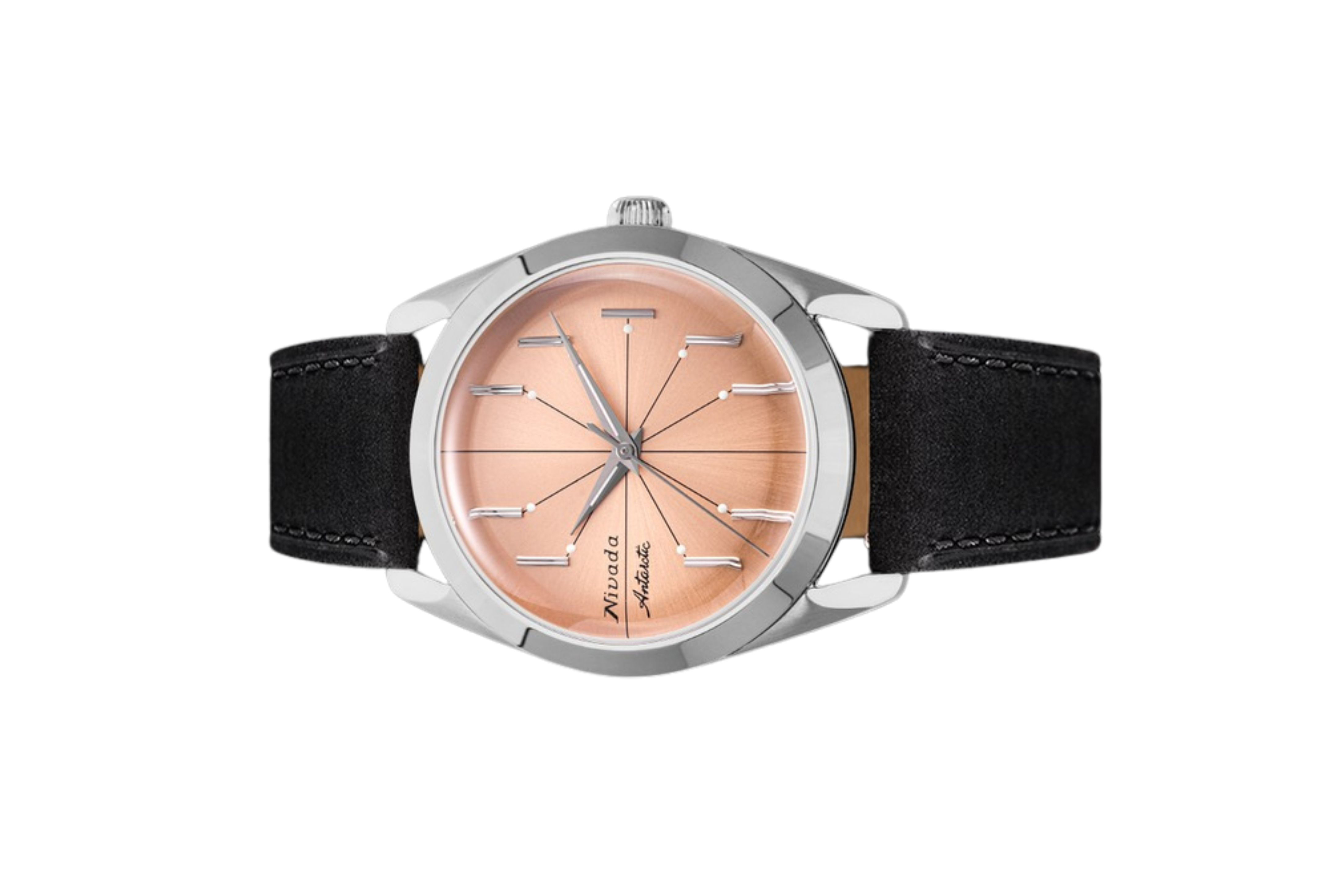 Đồng hồ đeo tay thương hiệu Nivada Grenchen, dòng sản phẩm Antarctic Spider, Ref num 32050A, mặt số hồng cam, size 38mm, máy tự động, vỏ bằng thép không gỉ 316L, dây da bò, mới 100%