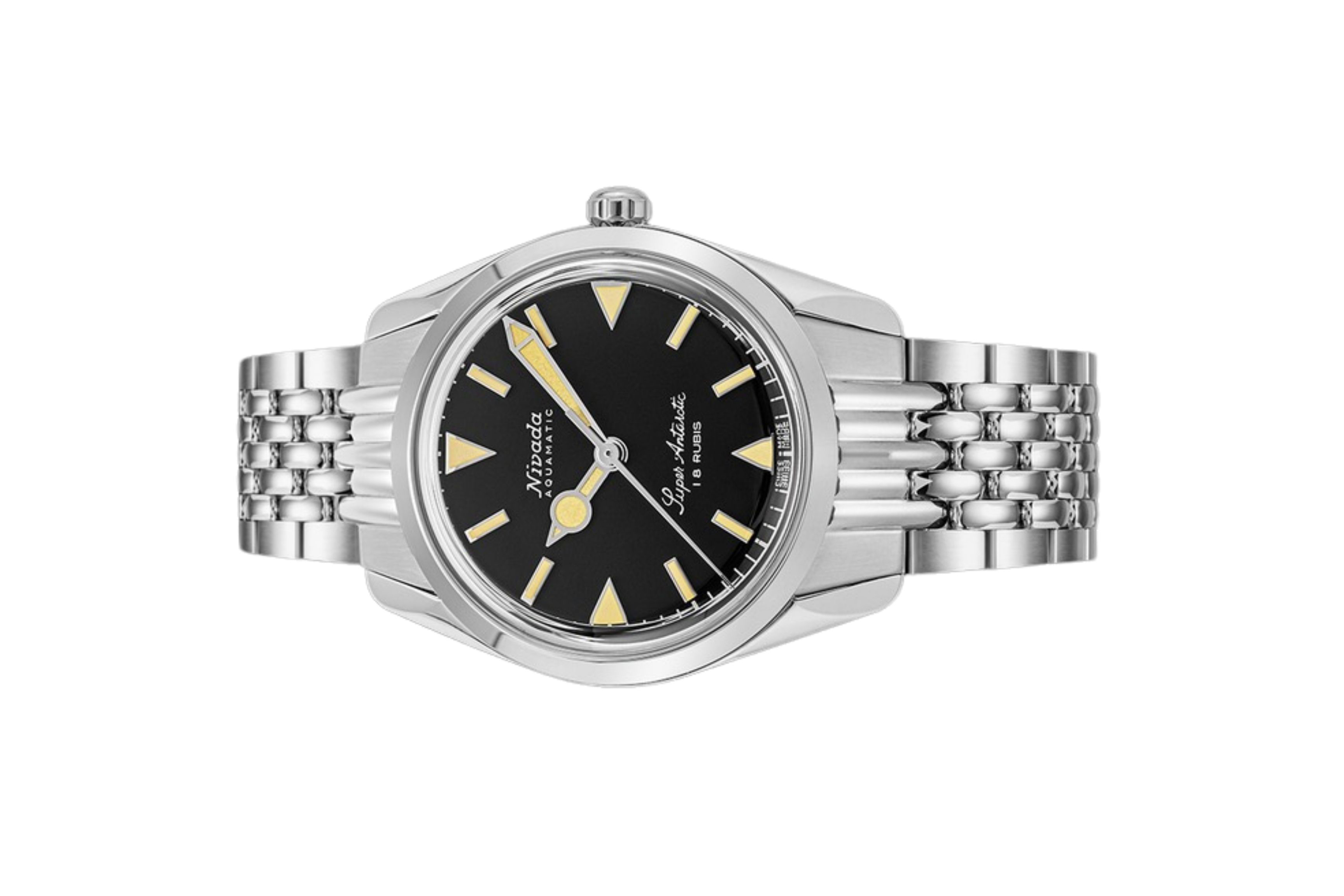 Đồng hồ đeo tay thương hiệu Nivada Grenchen, dòng sản phẩm Super Antarctic, Ref num 35013M, mặt số đen, size 35mm, máy lên dây cót, vỏ và dây đồng hồ bằng thép không gỉ 316L, mới 100%
