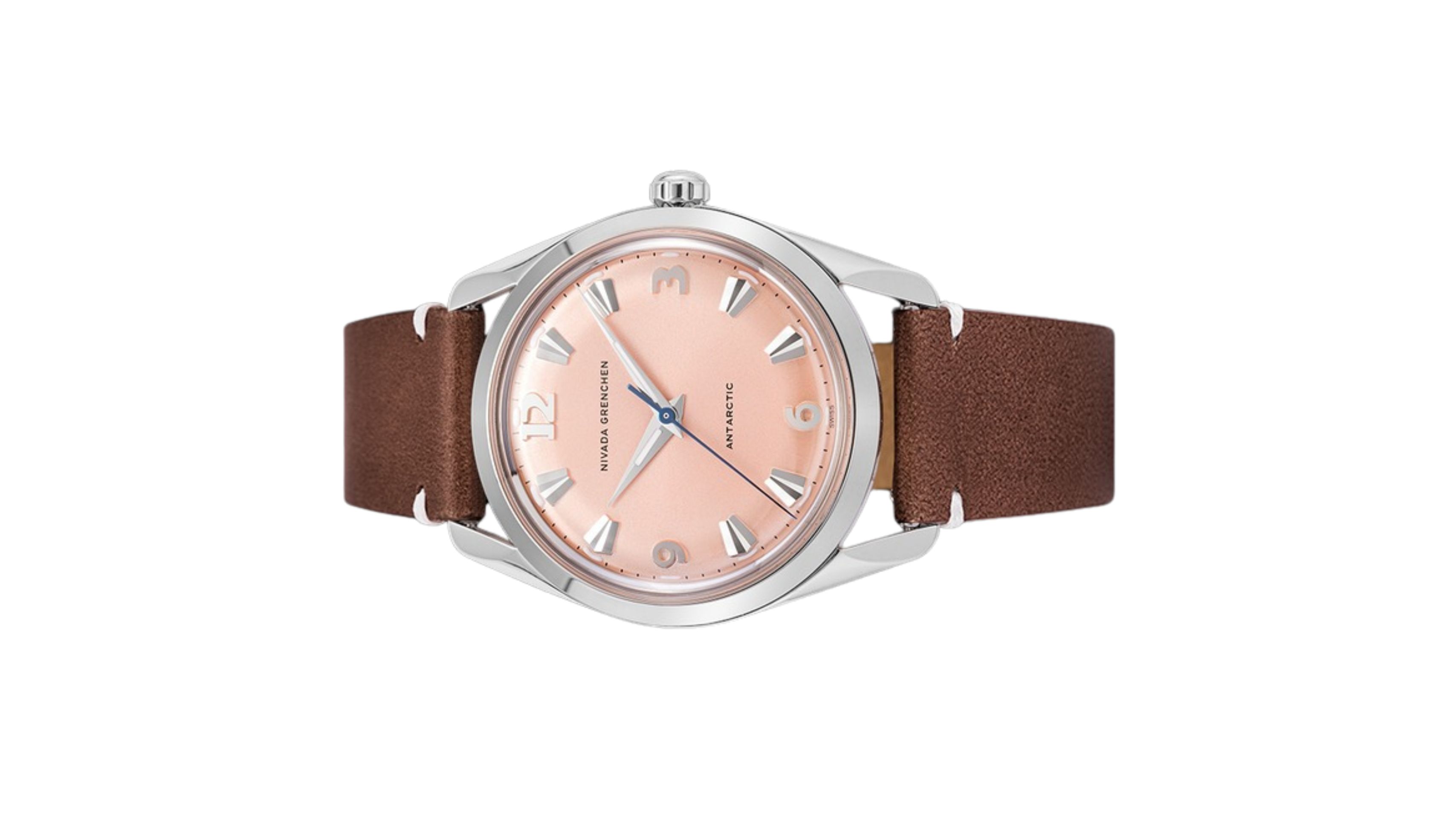 Đồng hồ đeo tay thương hiệu Nivada Grenchen, dòng sản phẩm Antarctic, Ref number: 35018M, mặt số Sunray chải tia cá hồi, size 35mm, máy lên cót tay, vỏ bằng thép không gỉ 316, dây da bò, mới 100%