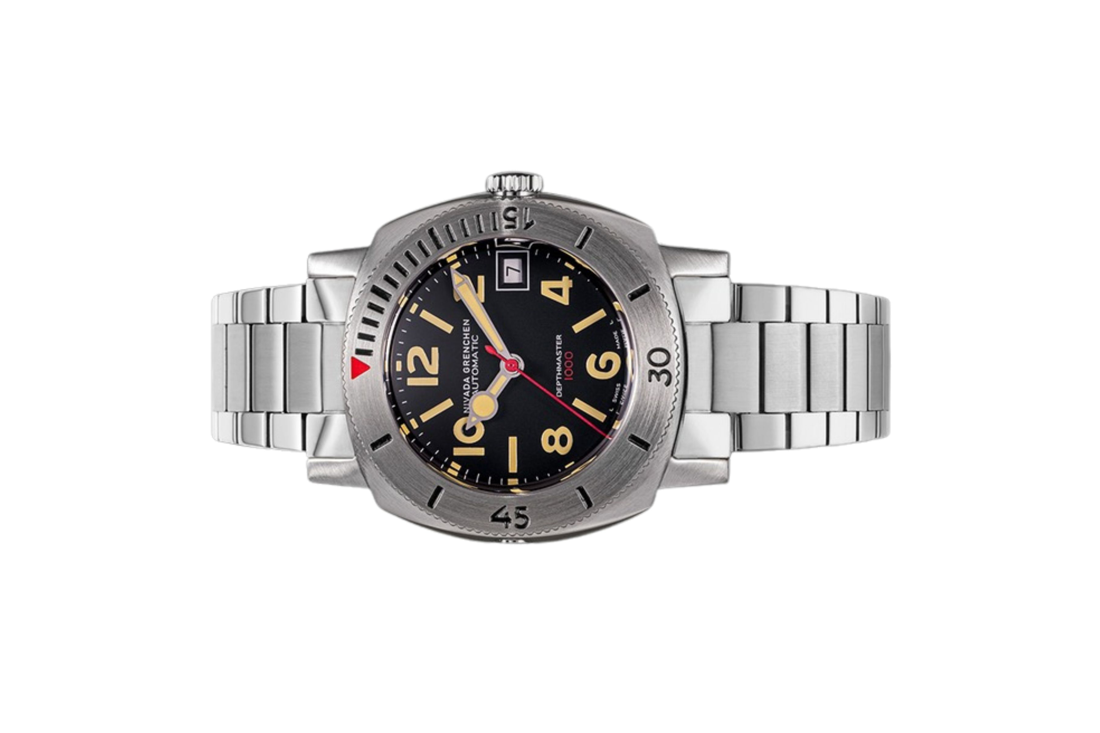 Đồng hồ đeo tay thương hiệu Nivada Grenchen, dòng sản phẩm Depthmaster - Numerals Date, Ref number: 14106A, mặt số đen nhạt, size 39mm, máy tự động, vỏ và dây đồng hồ bằng thép không gỉ 316, mới 100%