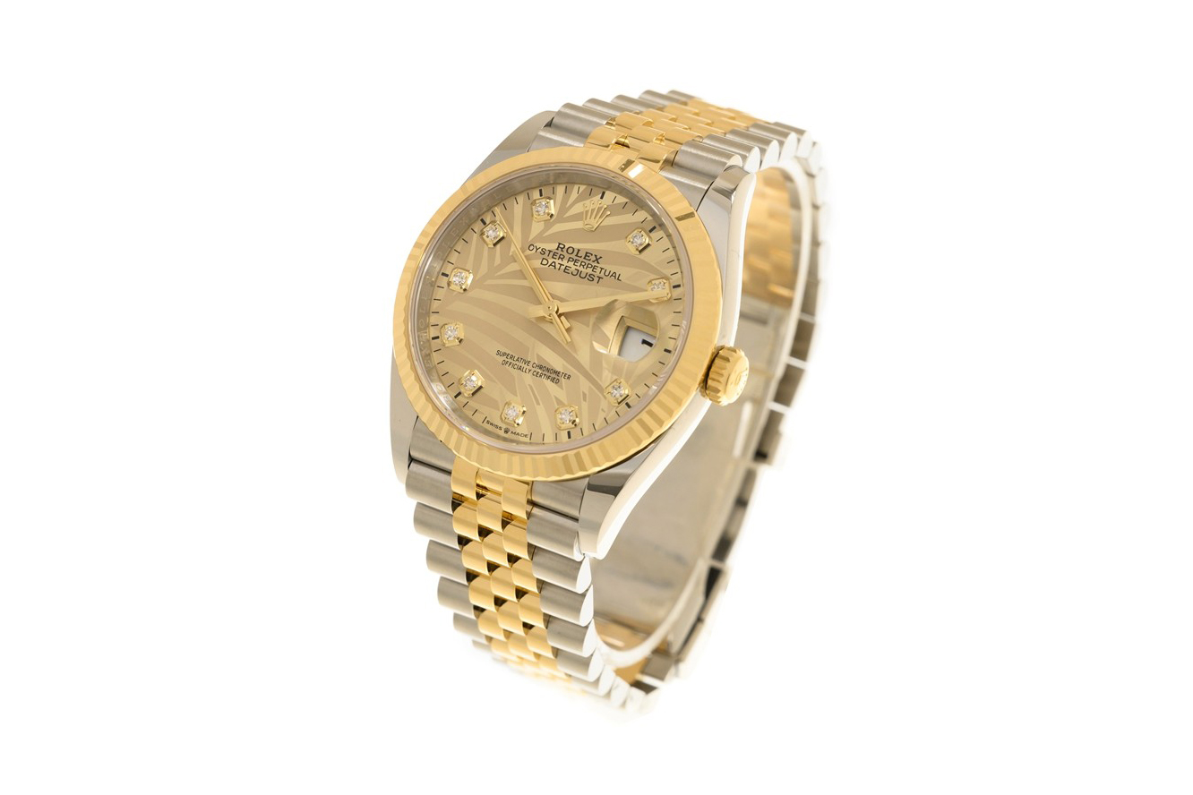 Đồng Hồ Rolex Datejust 36 126233 Mặt Số Cây Lá Nhiệt Đới Vàng Champagne Cọc Số Nạm Kim Cương