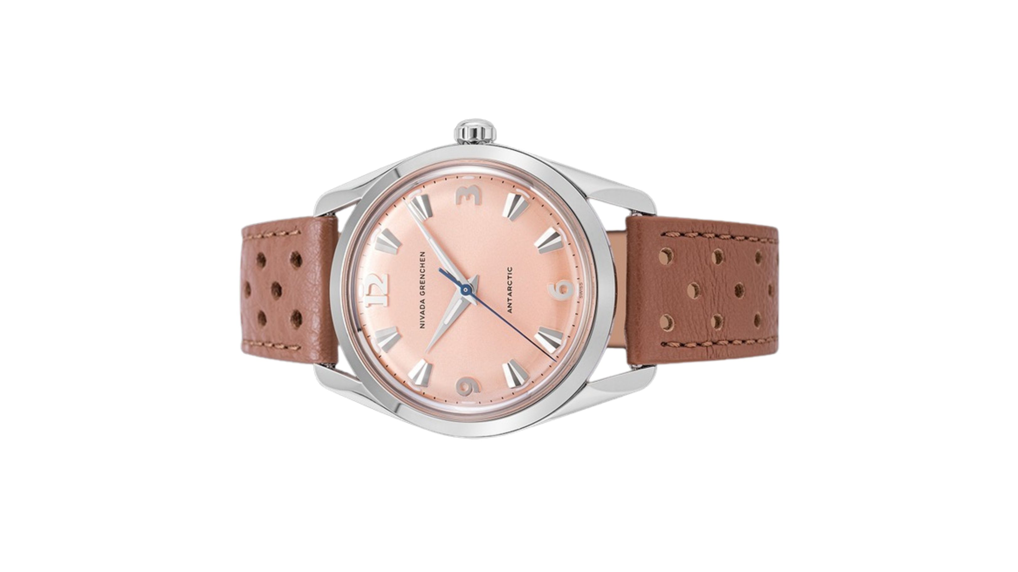 Đồng hồ đeo tay thương hiệu Nivada Grenchen, dòng sản phẩm Antarctic, Ref number: 35018M, mặt số Sunray chải tia cá hồi, size 35mm, máy lên cót tay, vỏ bằng thép không gỉ 316, dây da bò, mới 100%